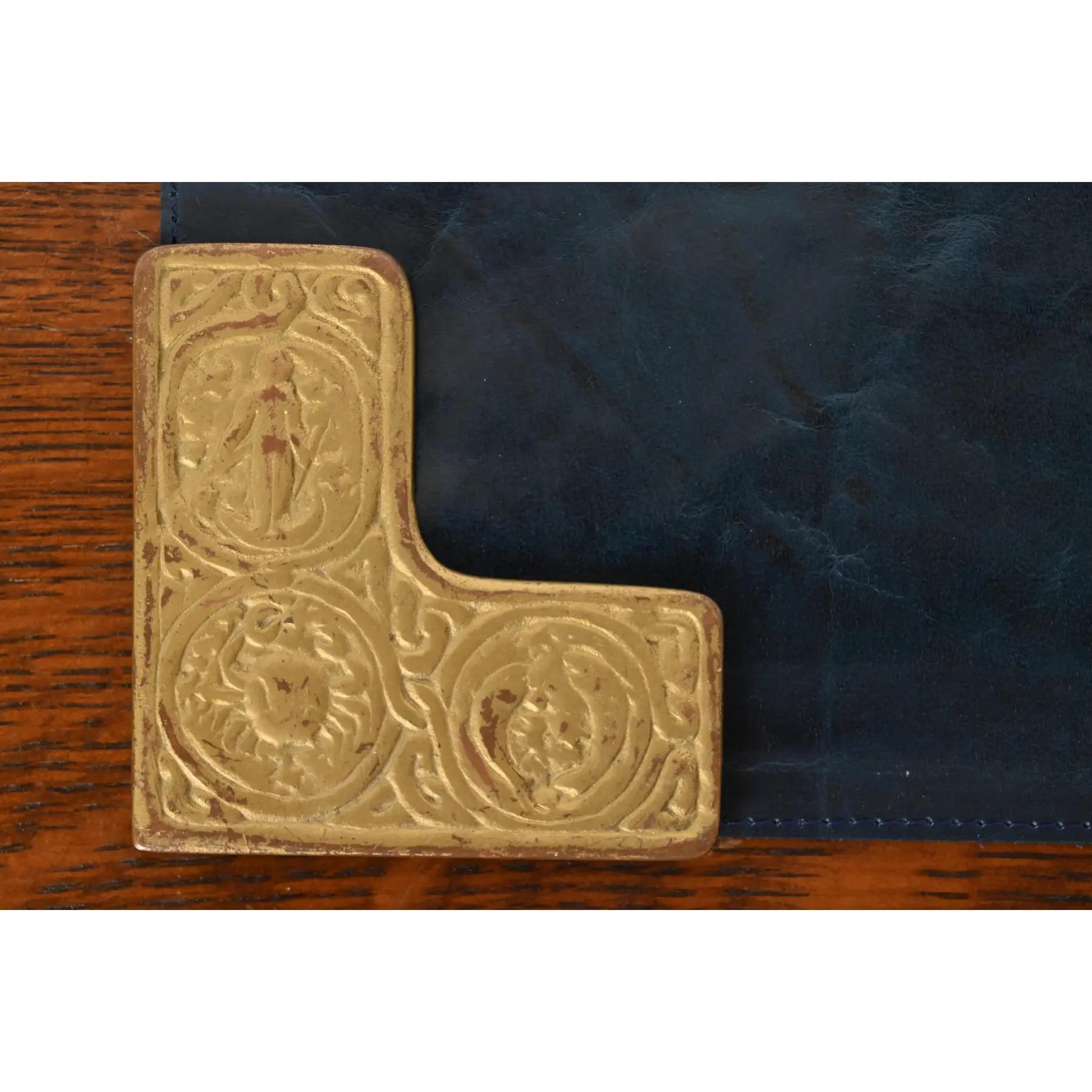Tiffany Studios New York Zodiac Bronze Doré Blotter Corners With Leather Blotter For Sale 2