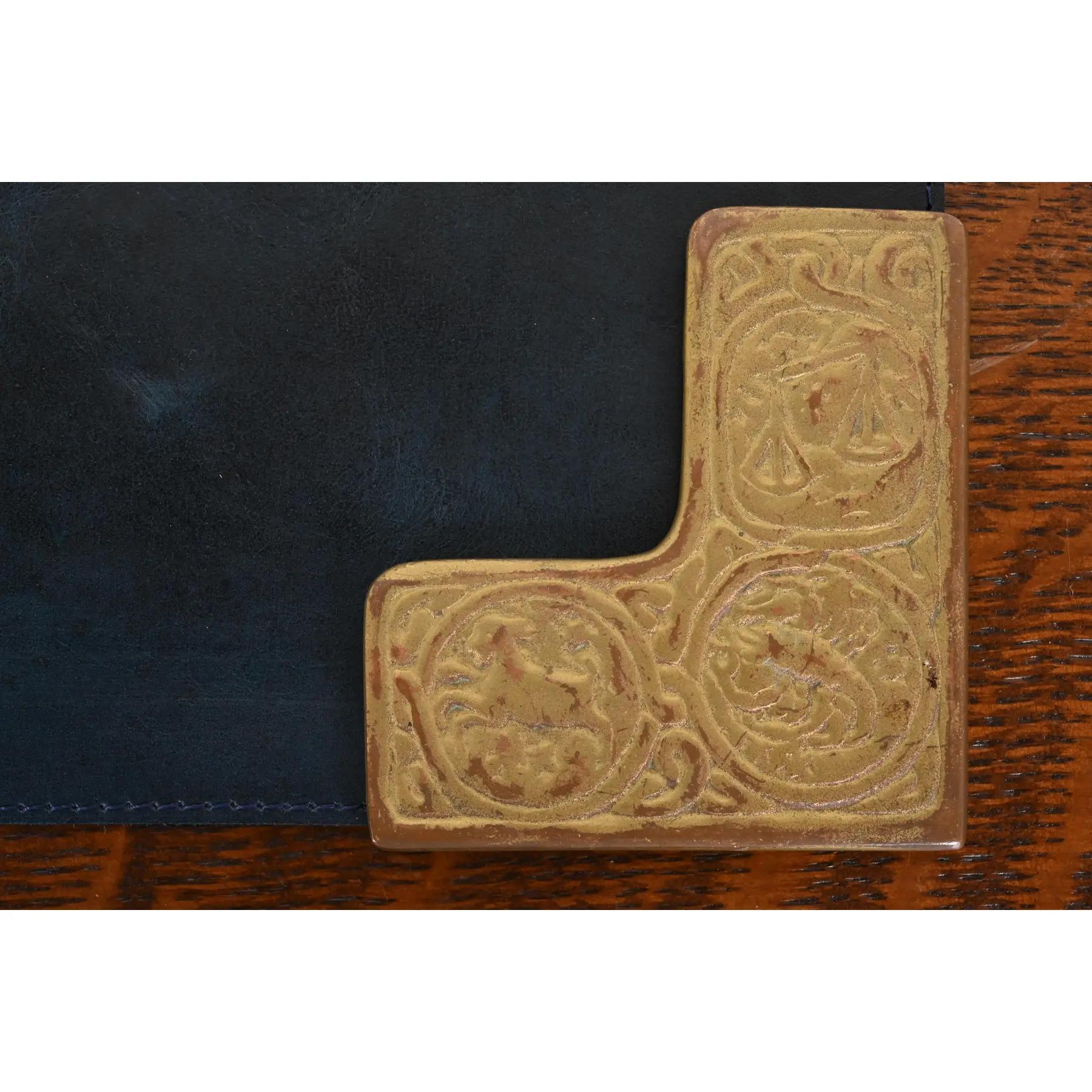 Tiffany Studios New York Zodiac Bronze Doré Blotter Corners With Leather Blotter For Sale 3