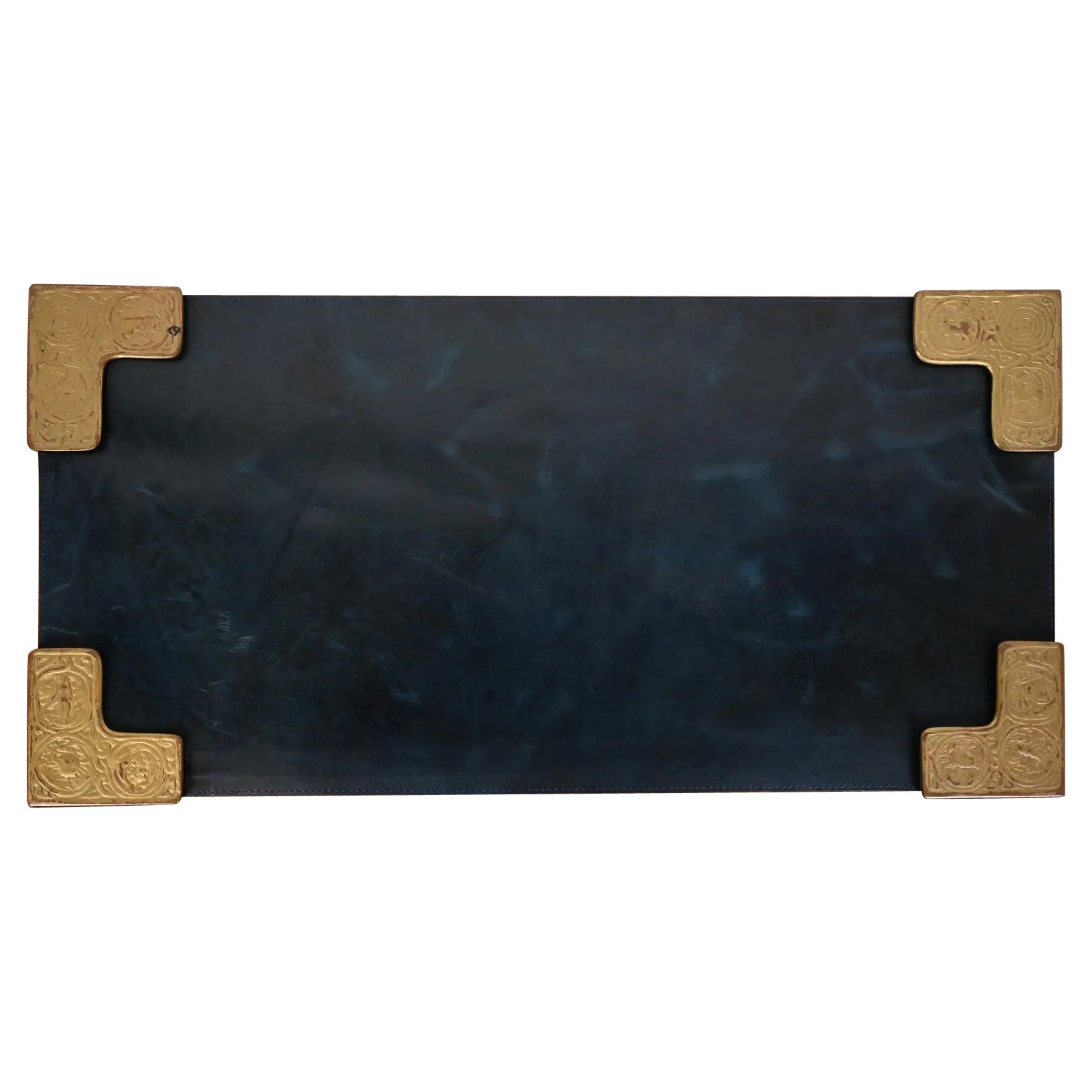Tiffany Studios New York Zodiac Bronze Doré Blotter Corners With Leather Blotter For Sale