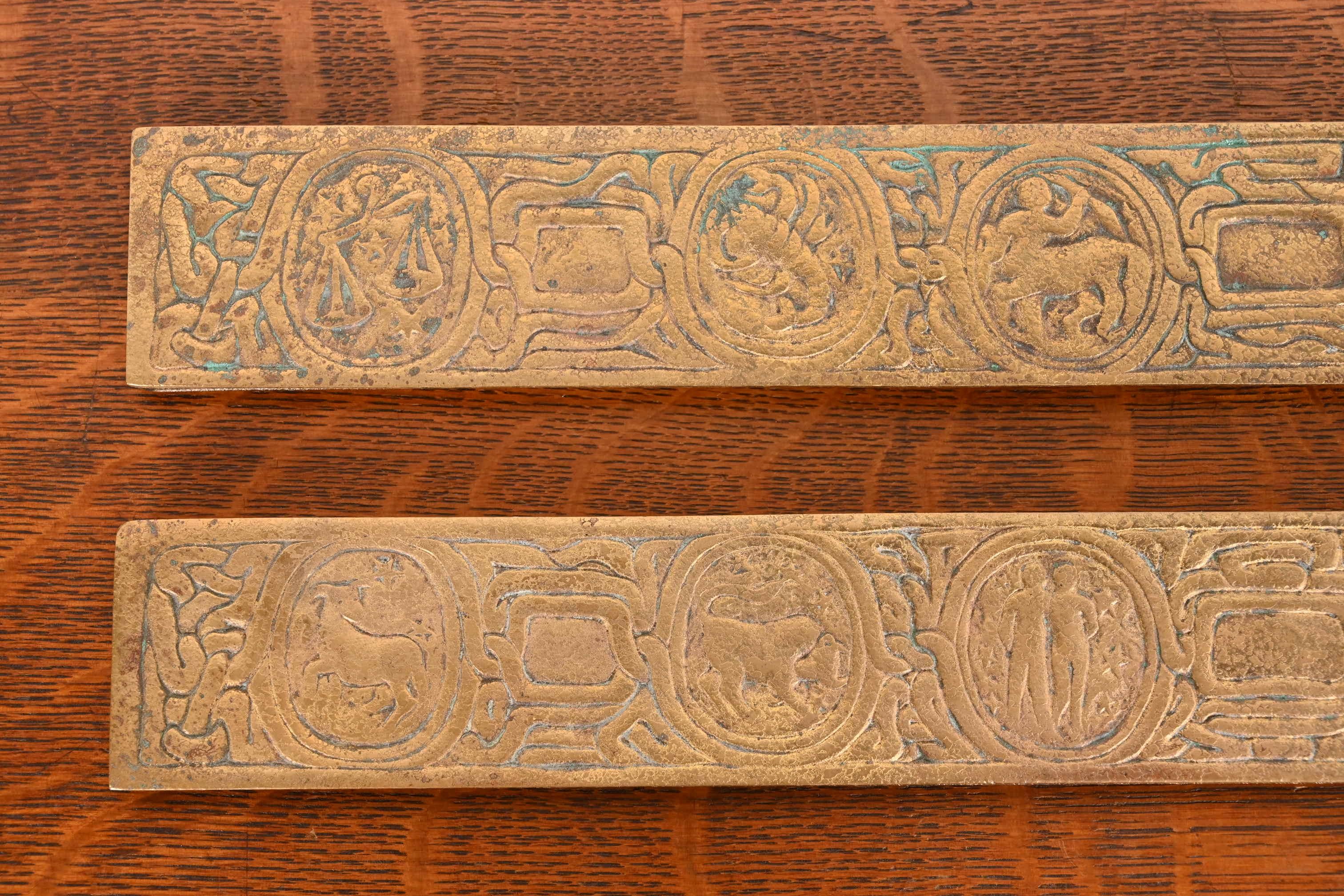 Tiffany Studios New York Zodiac Bronze Doré Blotter Ends With Leather Desk Pad 4