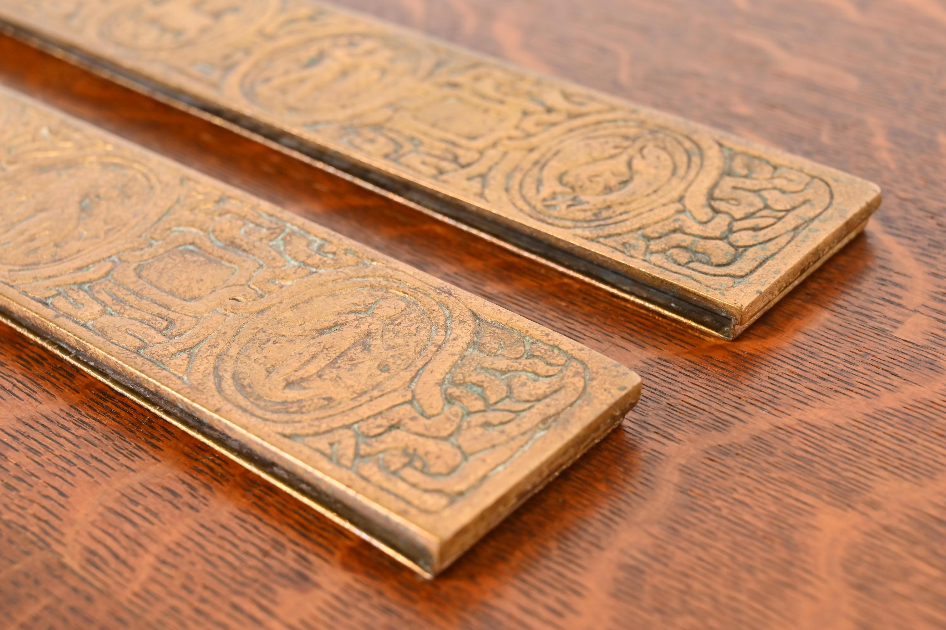 Tiffany Studios New York Zodiac Bronze Doré Blotter Ends With Leather Desk Pad For Sale 5