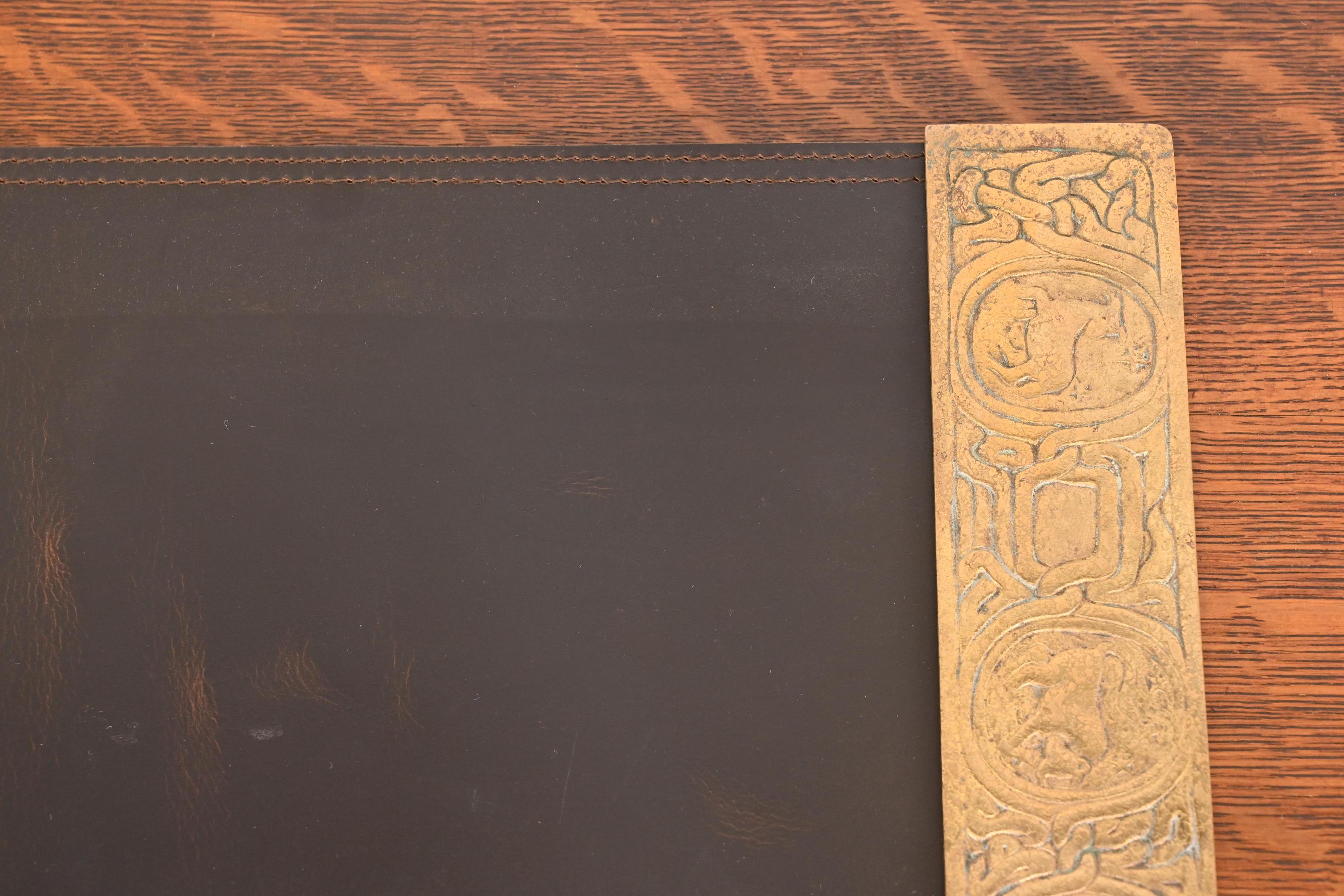 Tiffany Studios New York Zodiac Bronze Doré Blotter Ends With Leather Desk Pad For Sale 1