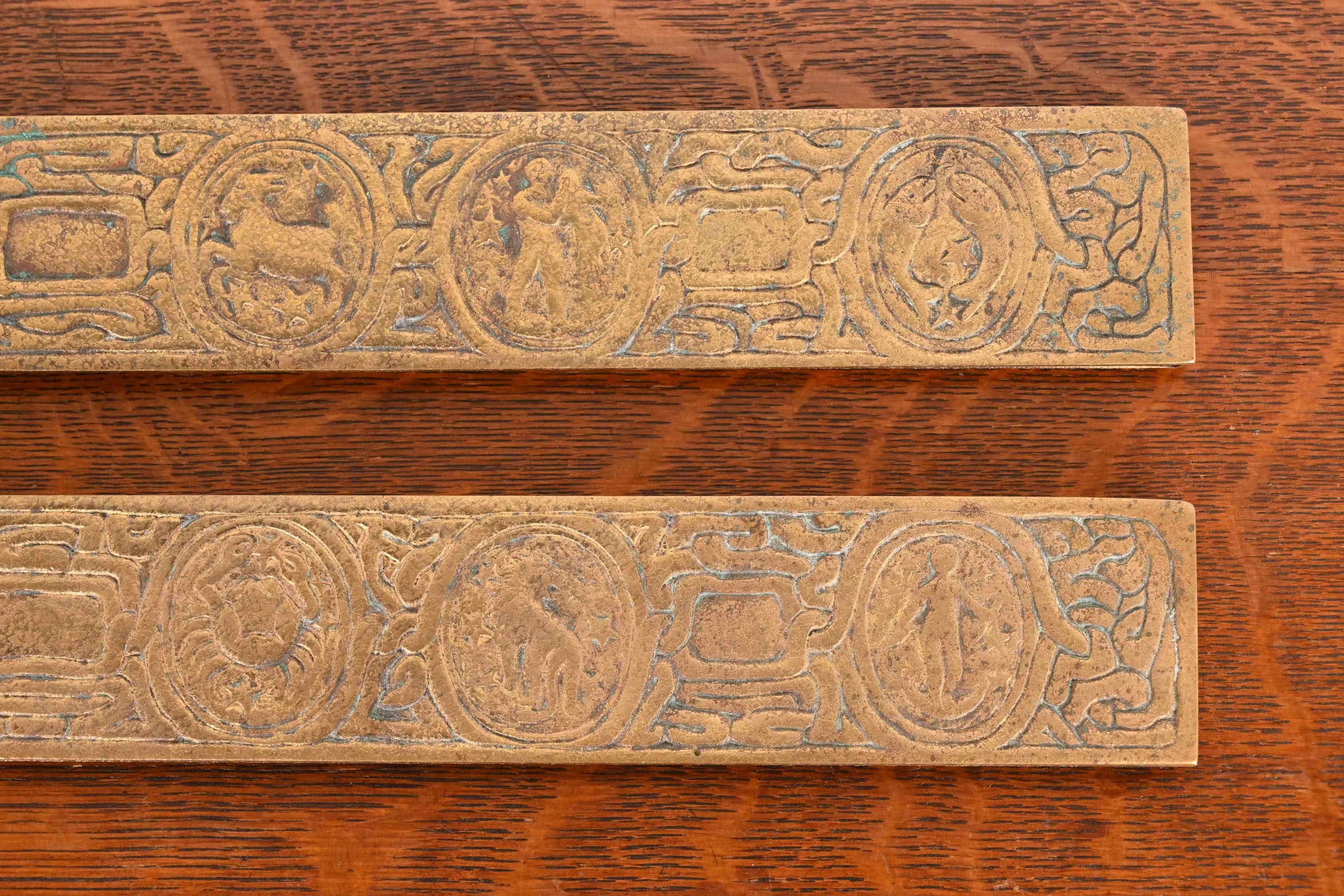 Tiffany Studios New York Zodiac Bronze Doré Blotter Ends With Leather Desk Pad 3