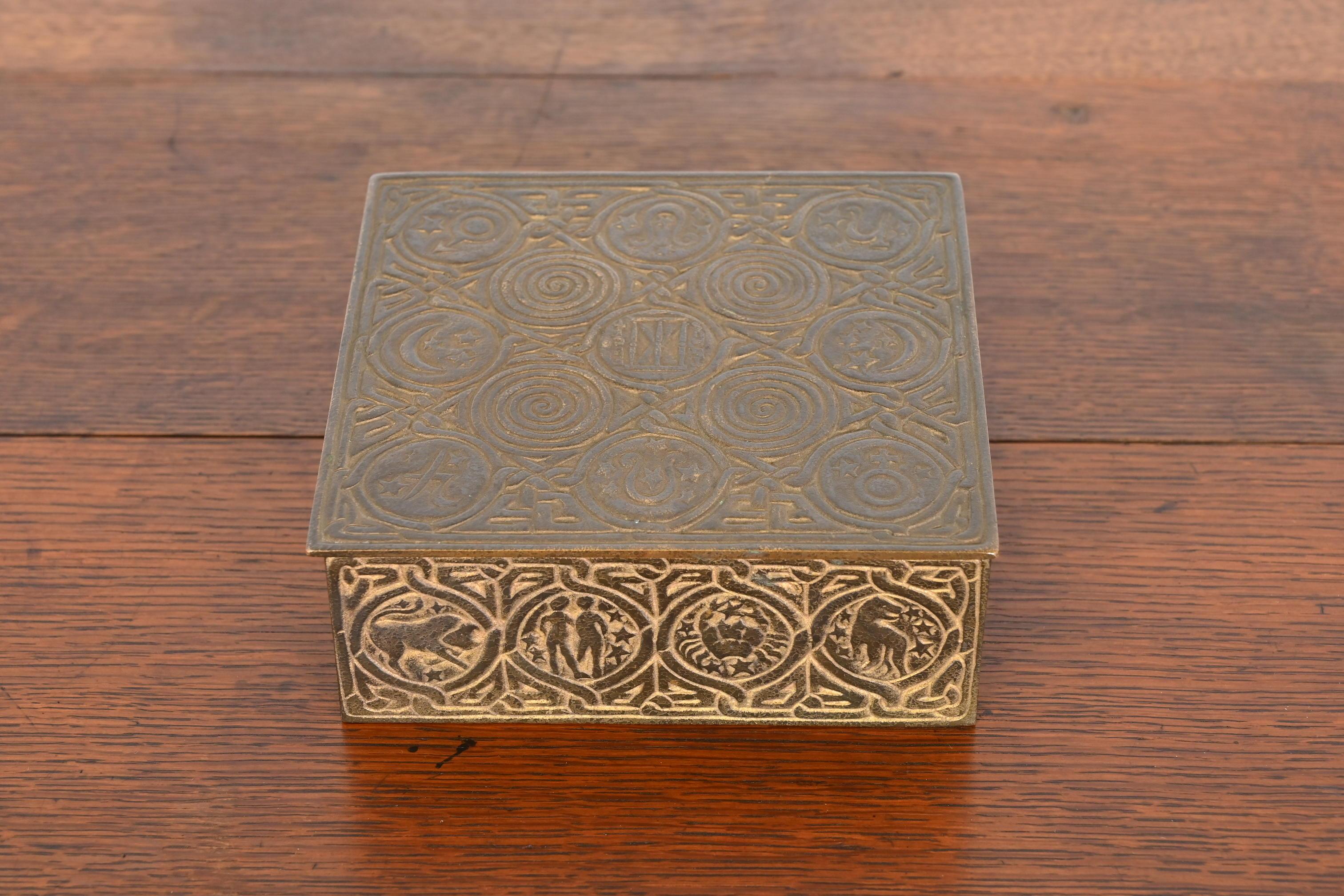 Art Deco Tiffany Studios New York Zodiac Bronze Doré Cigar Box, Circa 1910 For Sale