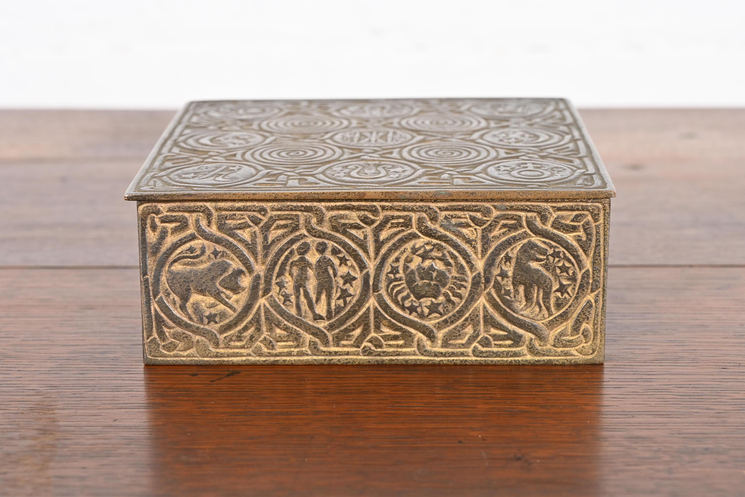 American Tiffany Studios New York Zodiac Bronze Doré Cigar Box, Circa 1910 For Sale
