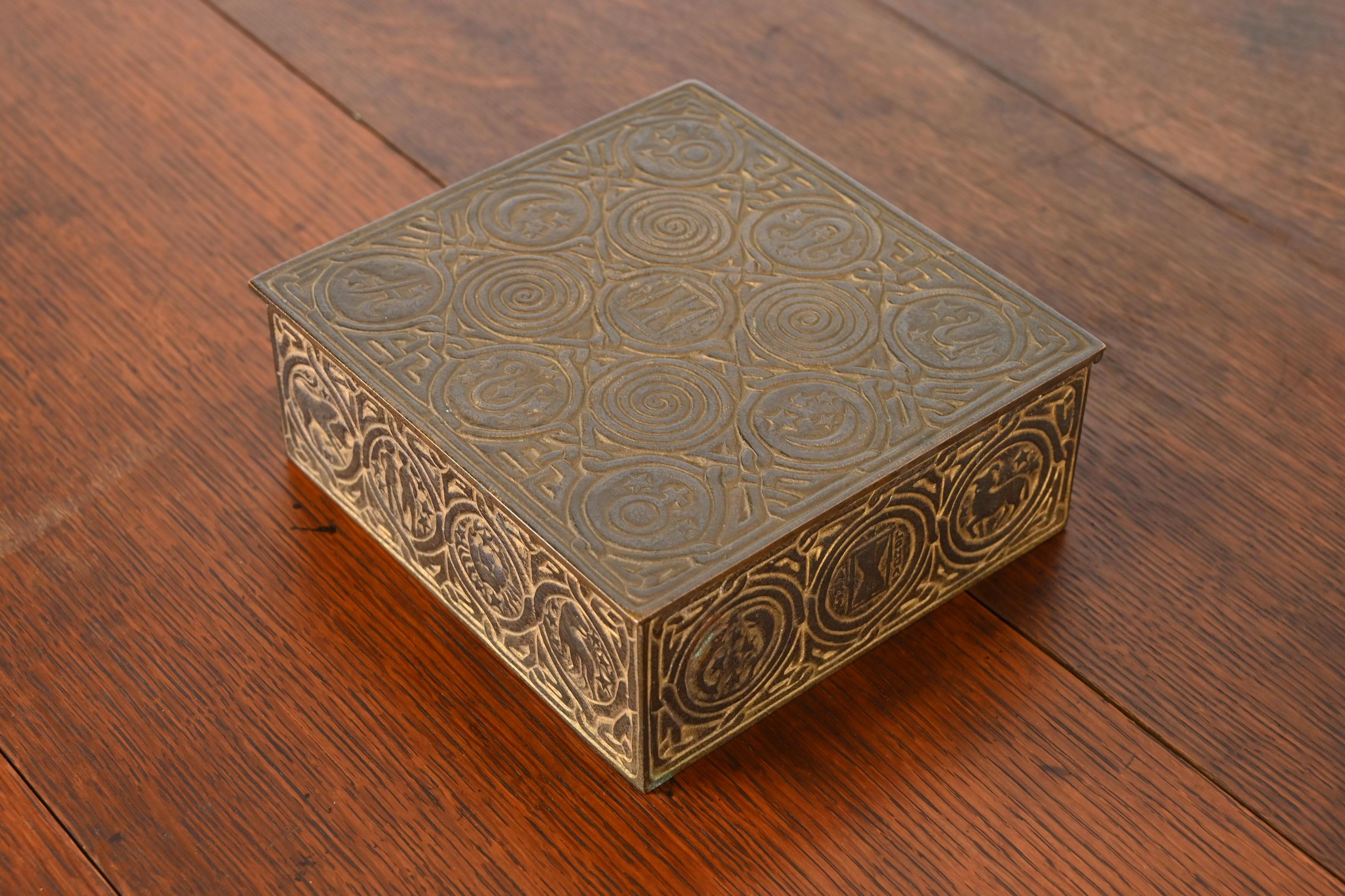 Tiffany Studios New York Zodiac Bronze Doré Cigar Box, Circa 1910 In Good Condition For Sale In South Bend, IN