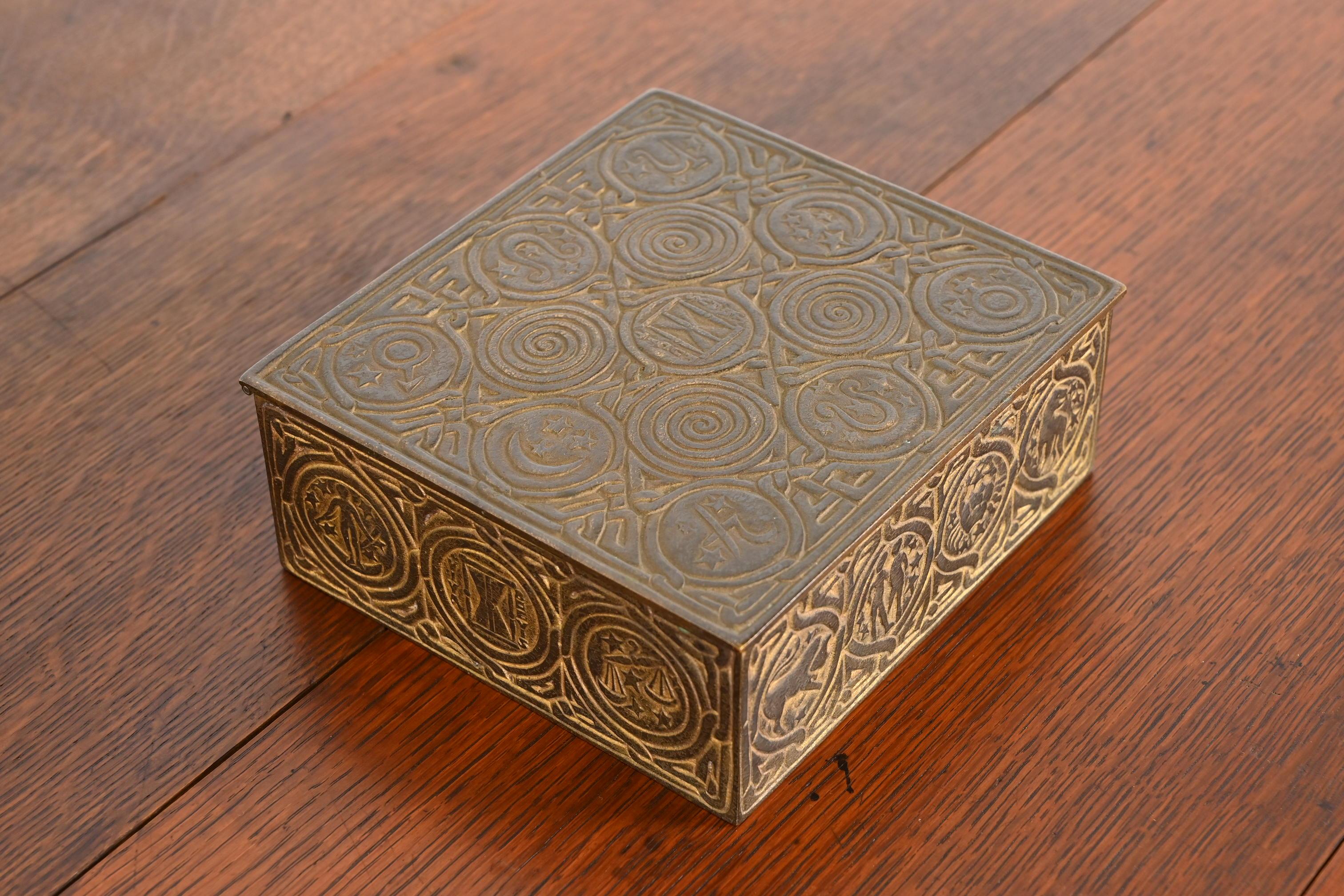 Tiffany Studios New York Zodiac Bronze Doré Cigar Box, Circa 1910 For Sale 1
