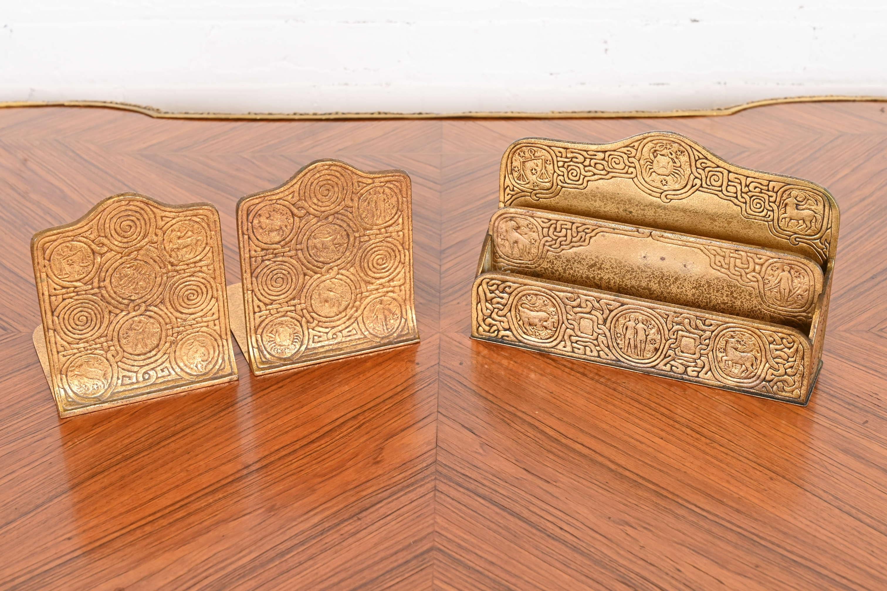 Art Deco Tiffany Studios New York 'Zodiac' Bronze Doré Desk Accessory Set