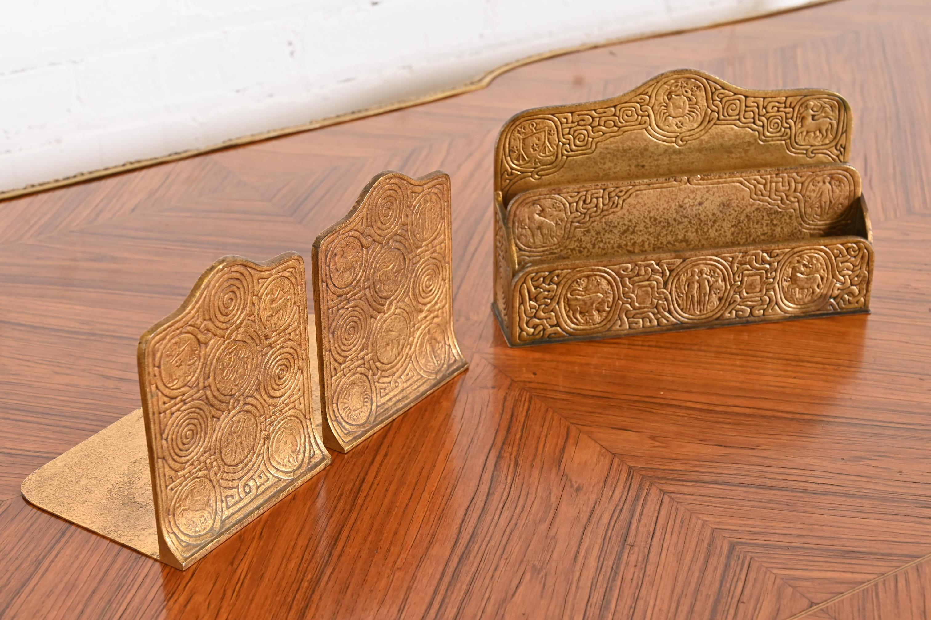 Tiffany Studios New York 'Zodiac' Bronze Doré Desk Accessory Set In Good Condition In South Bend, IN