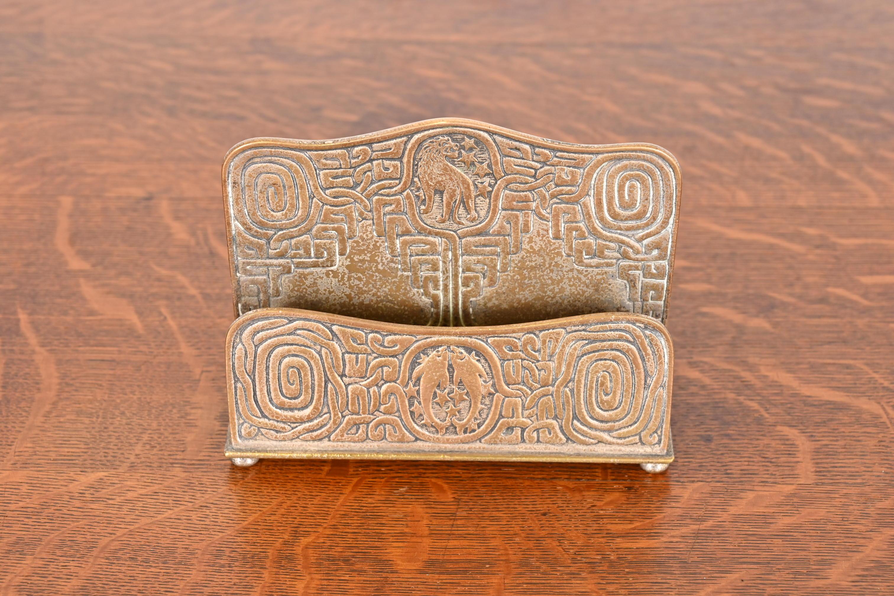 American Tiffany Studios New York Zodiac Bronze Doré Double Sided Letter Rack For Sale