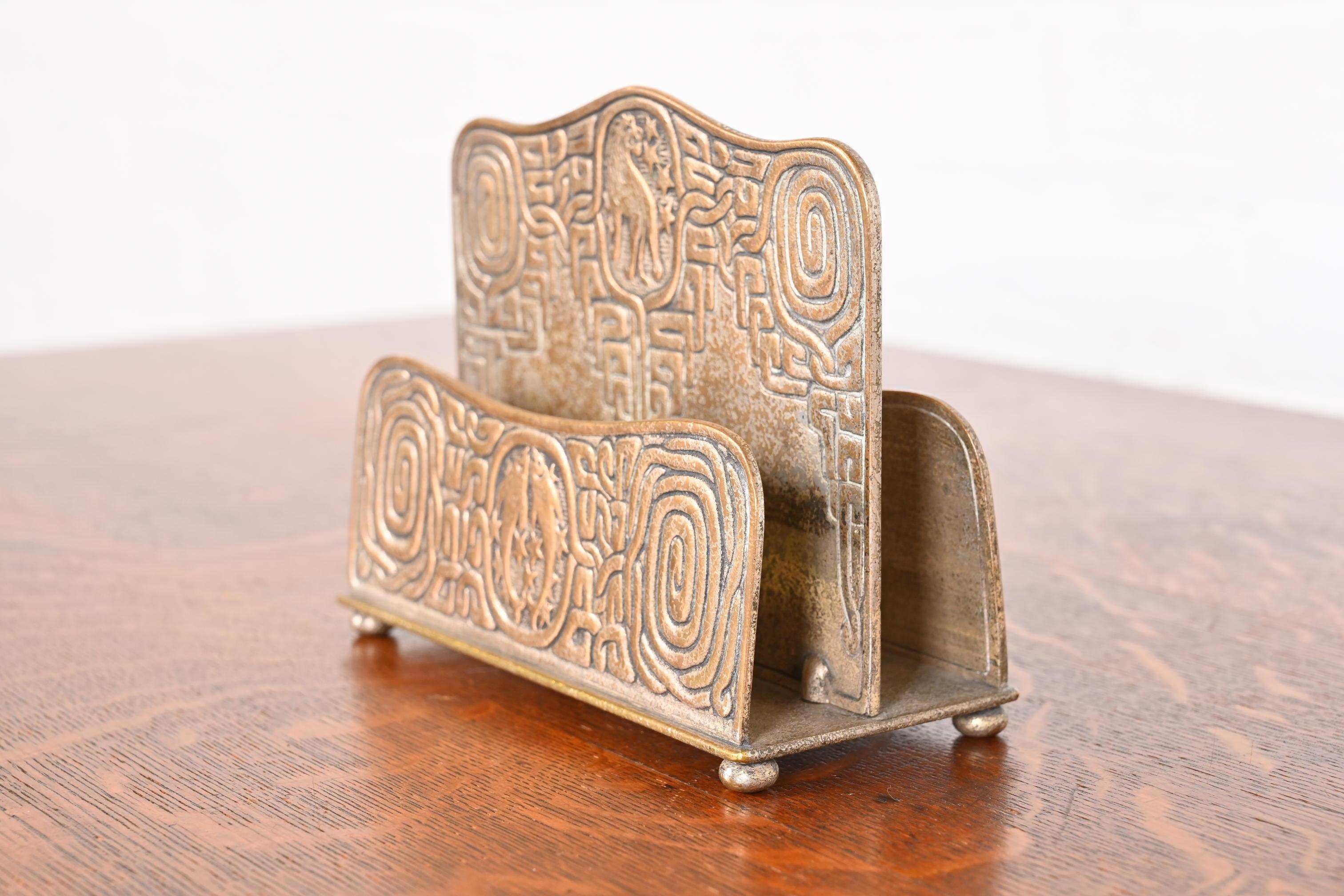 Tiffany Studios New York Zodiac Bronze Doré Double Sided Letter Rack In Good Condition For Sale In South Bend, IN