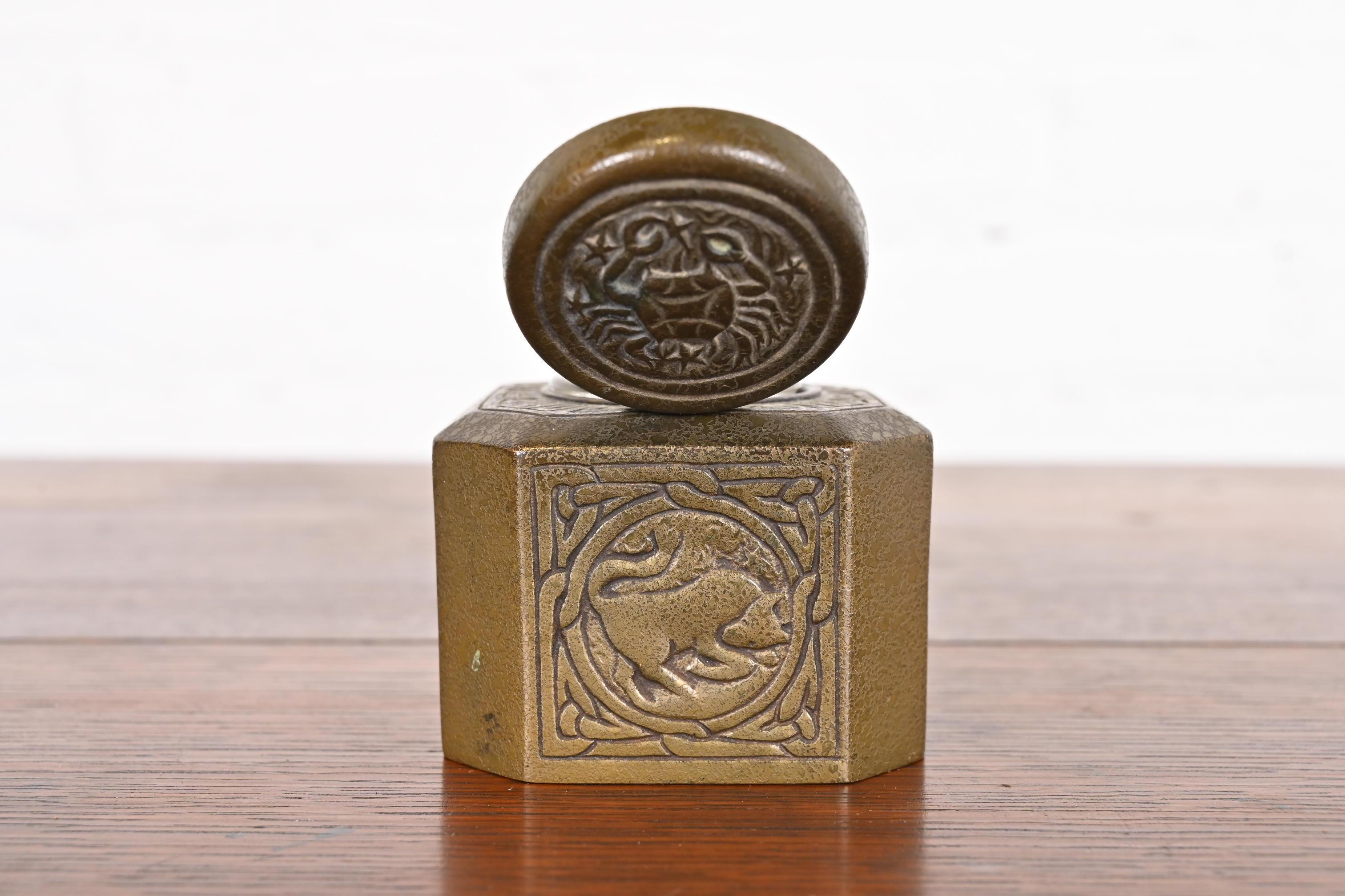 Tiffany Studios New York Zodiac Bronze Doré Inkwell For Sale 7