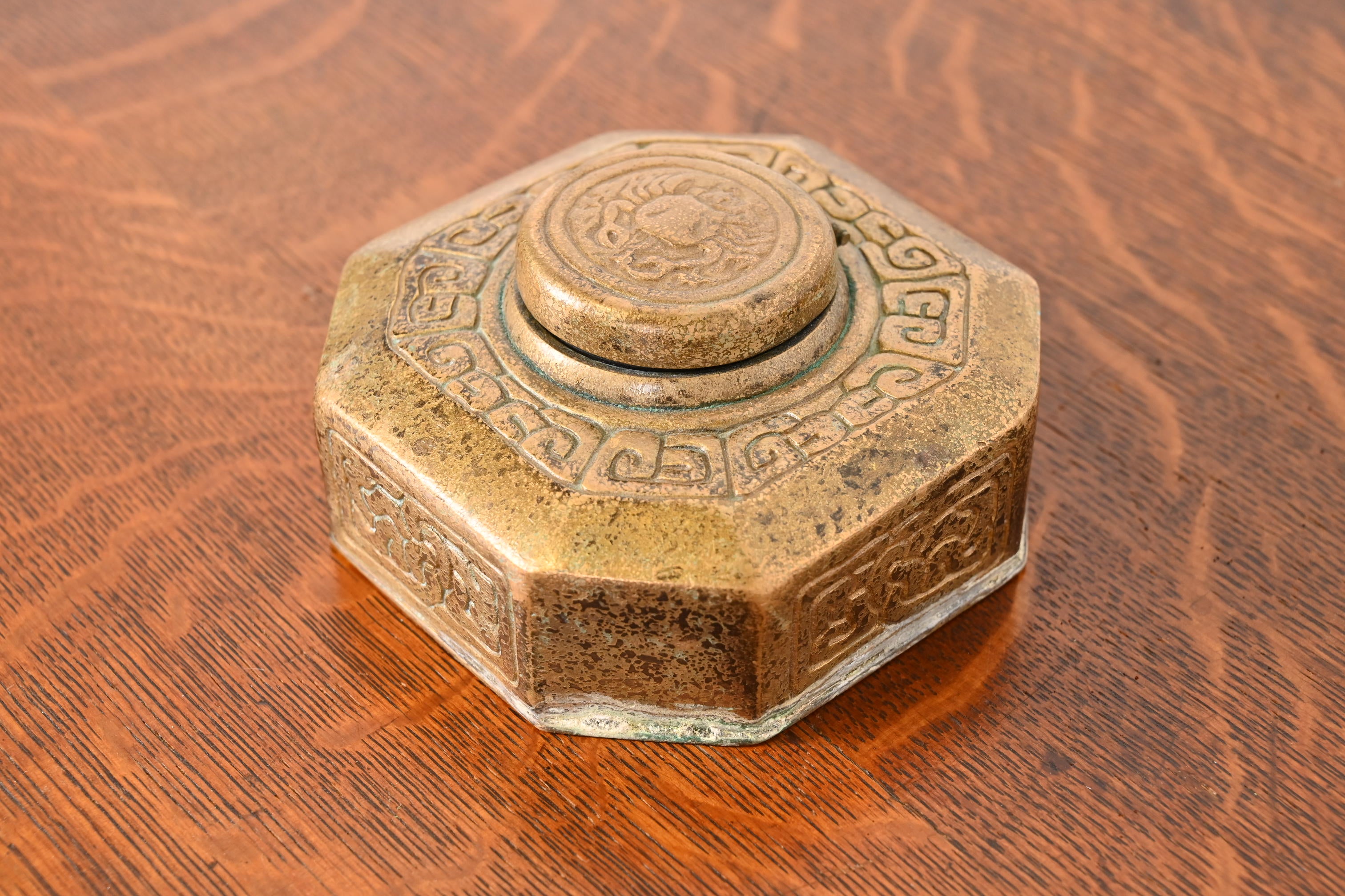 Tiffany Studios New York Zodiac Bronze Doré Inkwell In Good Condition For Sale In South Bend, IN