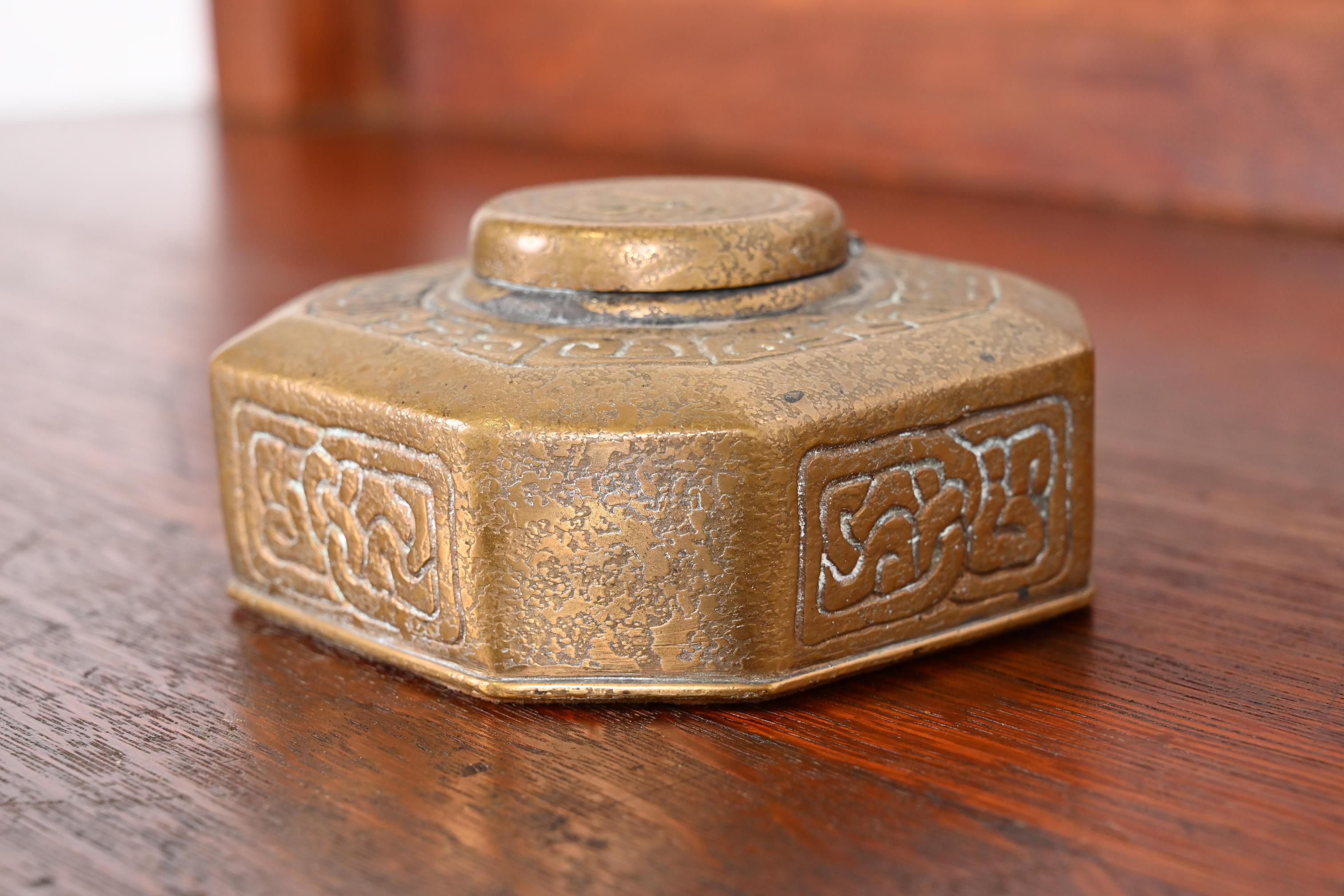 Tiffany Studios New York Zodiac Bronze Doré Inkwell In Good Condition In South Bend, IN