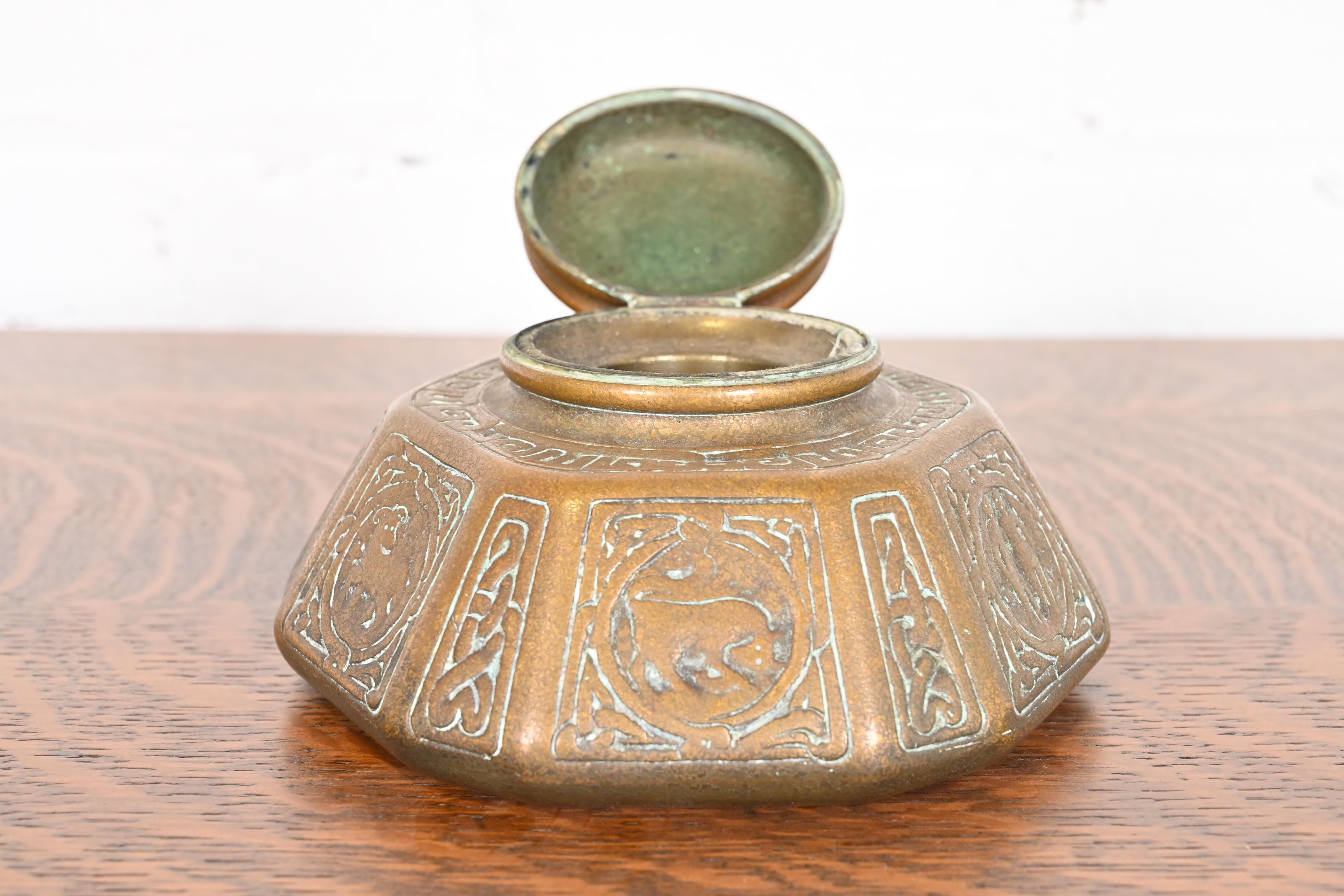 Tiffany Studios New York 'Zodiac' Bronze Doré Large Inkwell For Sale 2