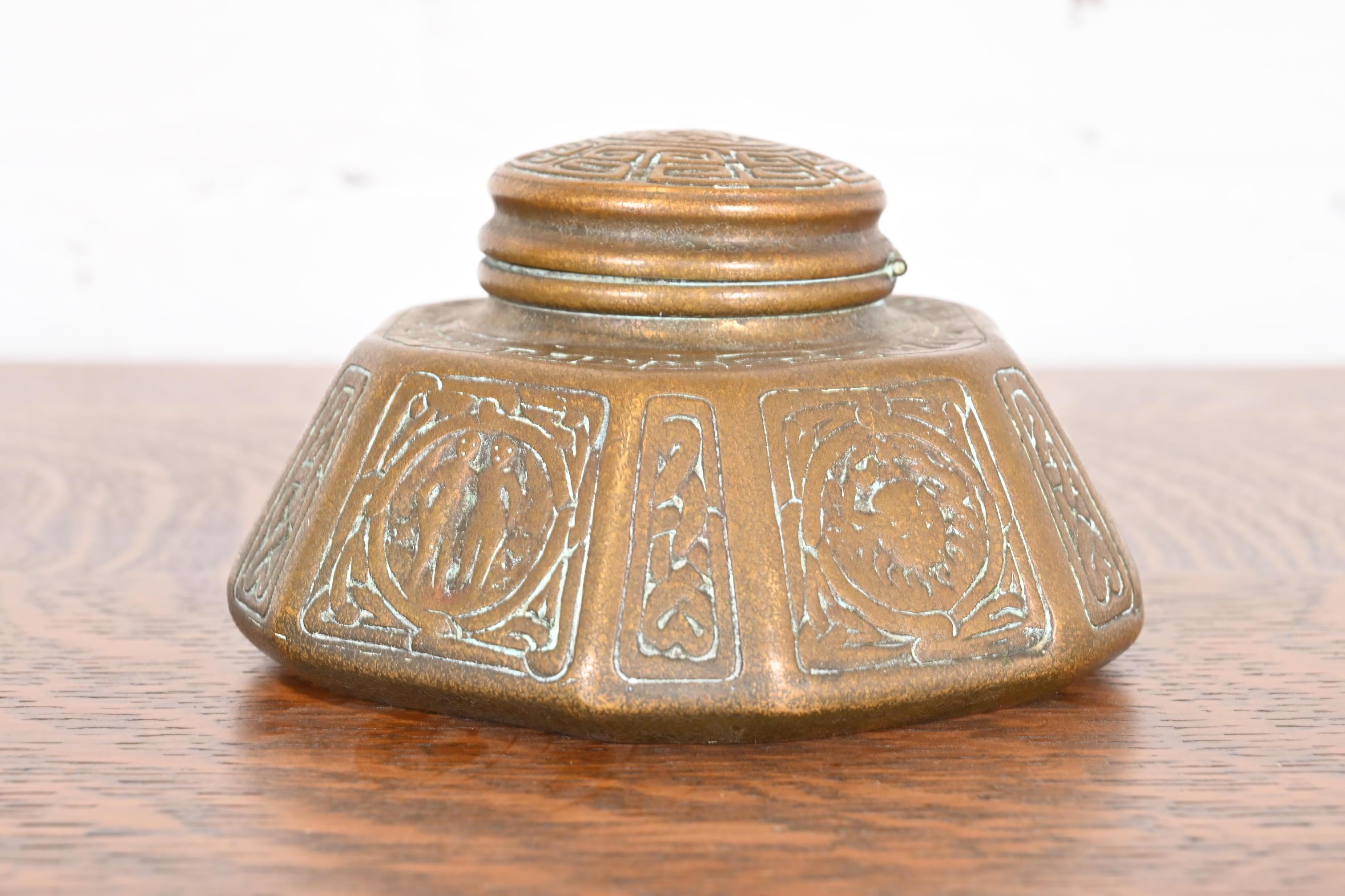 Tiffany Studios New York 'Zodiac' Bronze Doré Large Inkwell For Sale 4