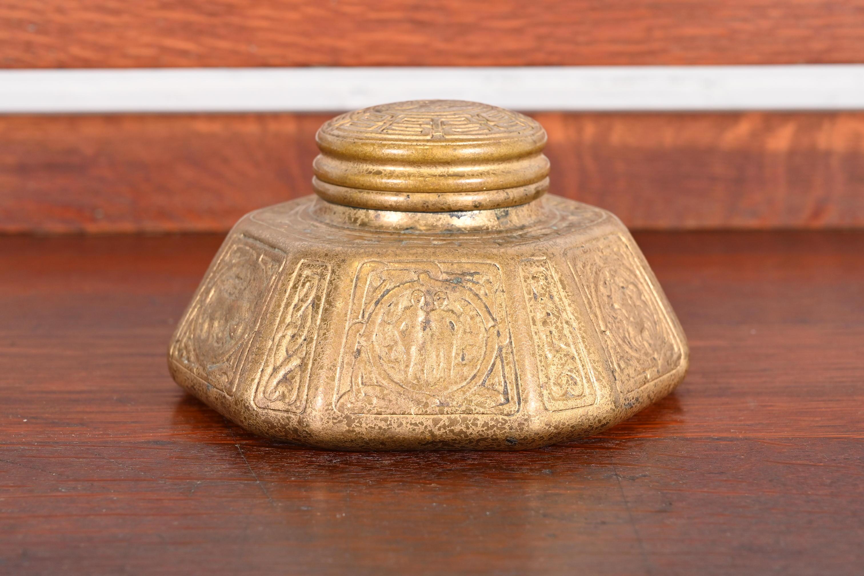 Arts and Crafts Tiffany Studios New York Zodiac Bronze Doré Large Inkwell For Sale