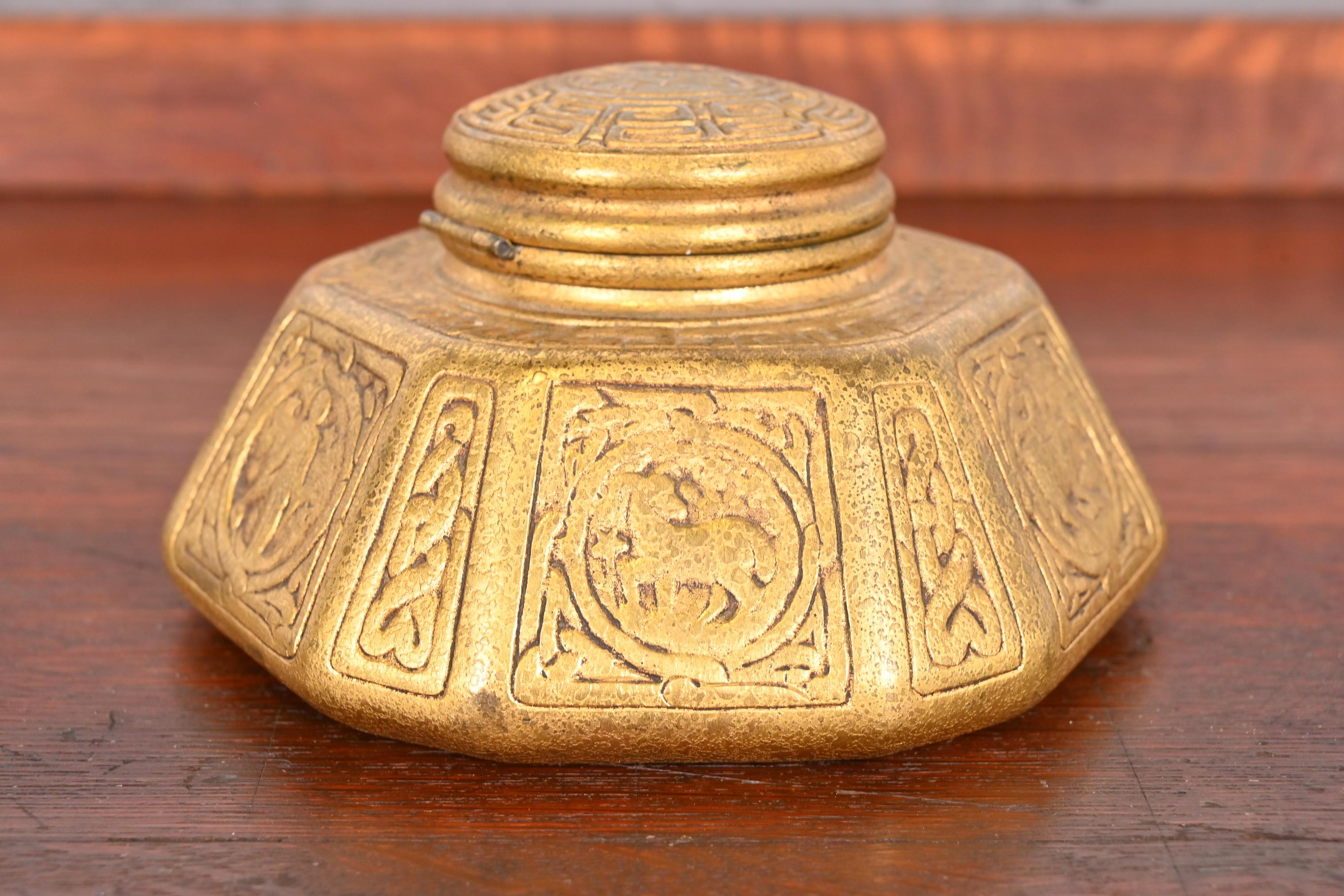 Tiffany Studios New York Zodiac Bronze Doré Large Inkwell In Good Condition For Sale In South Bend, IN