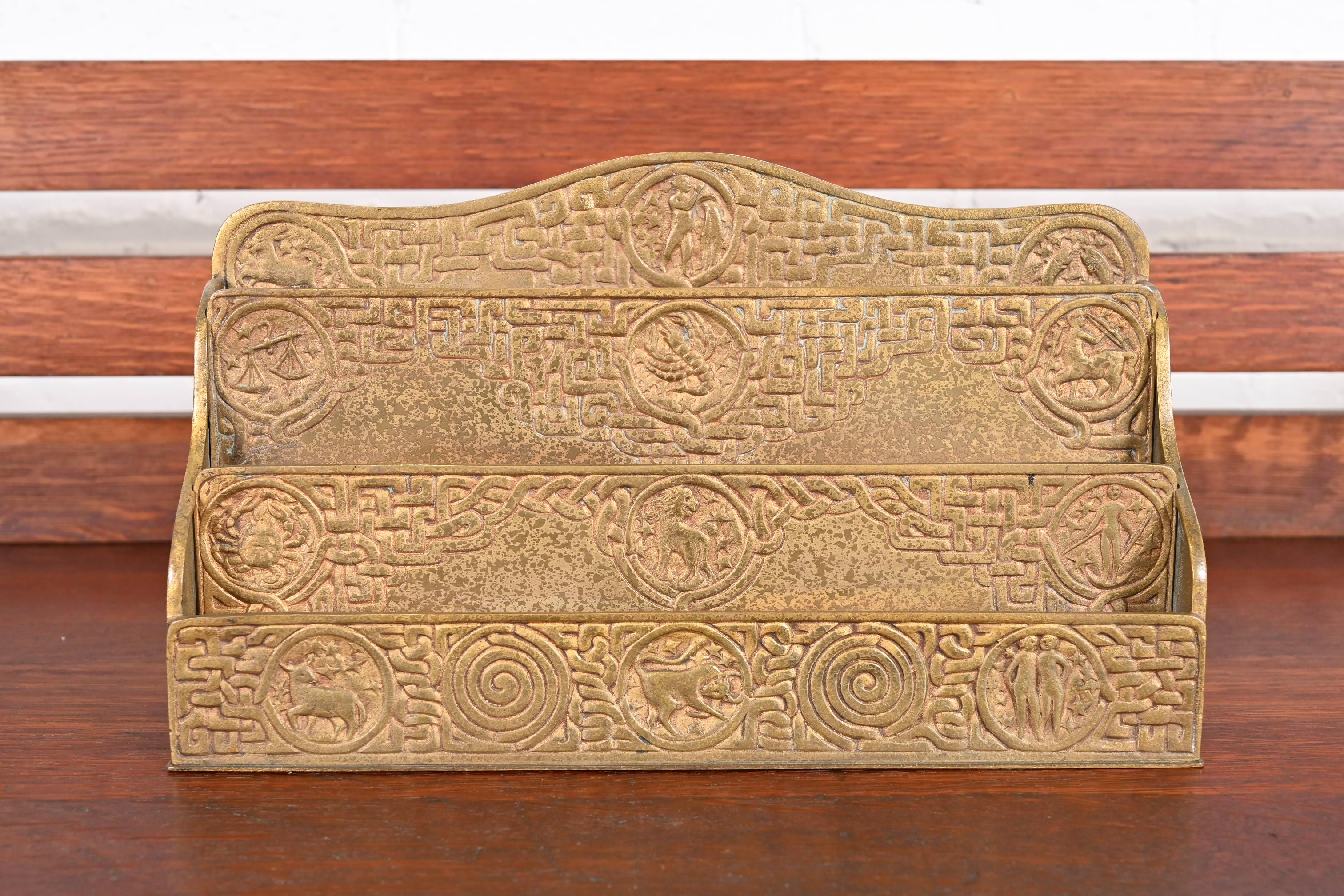 American Tiffany Studios New York Zodiac Bronze Doré Letter Rack For Sale