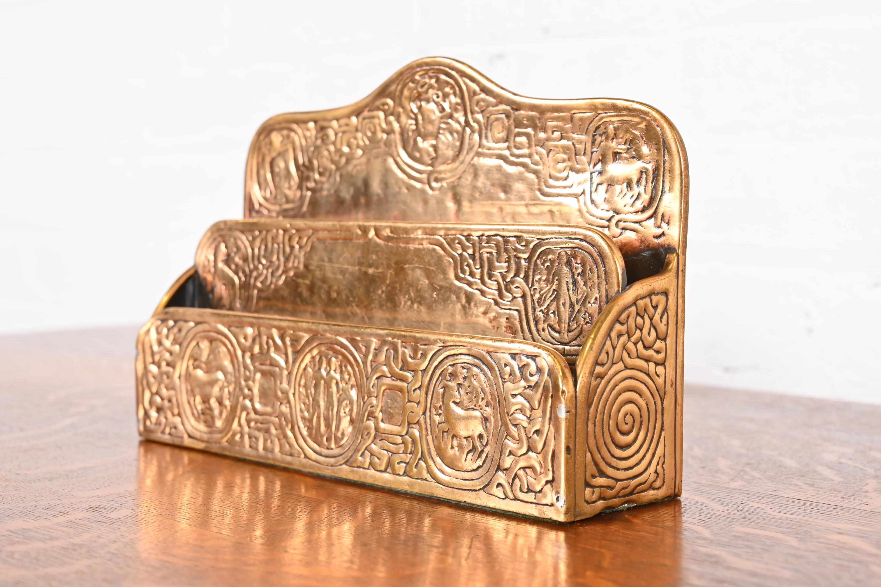 20th Century Tiffany Studios New York Zodiac Bronze Doré Letter Rack For Sale