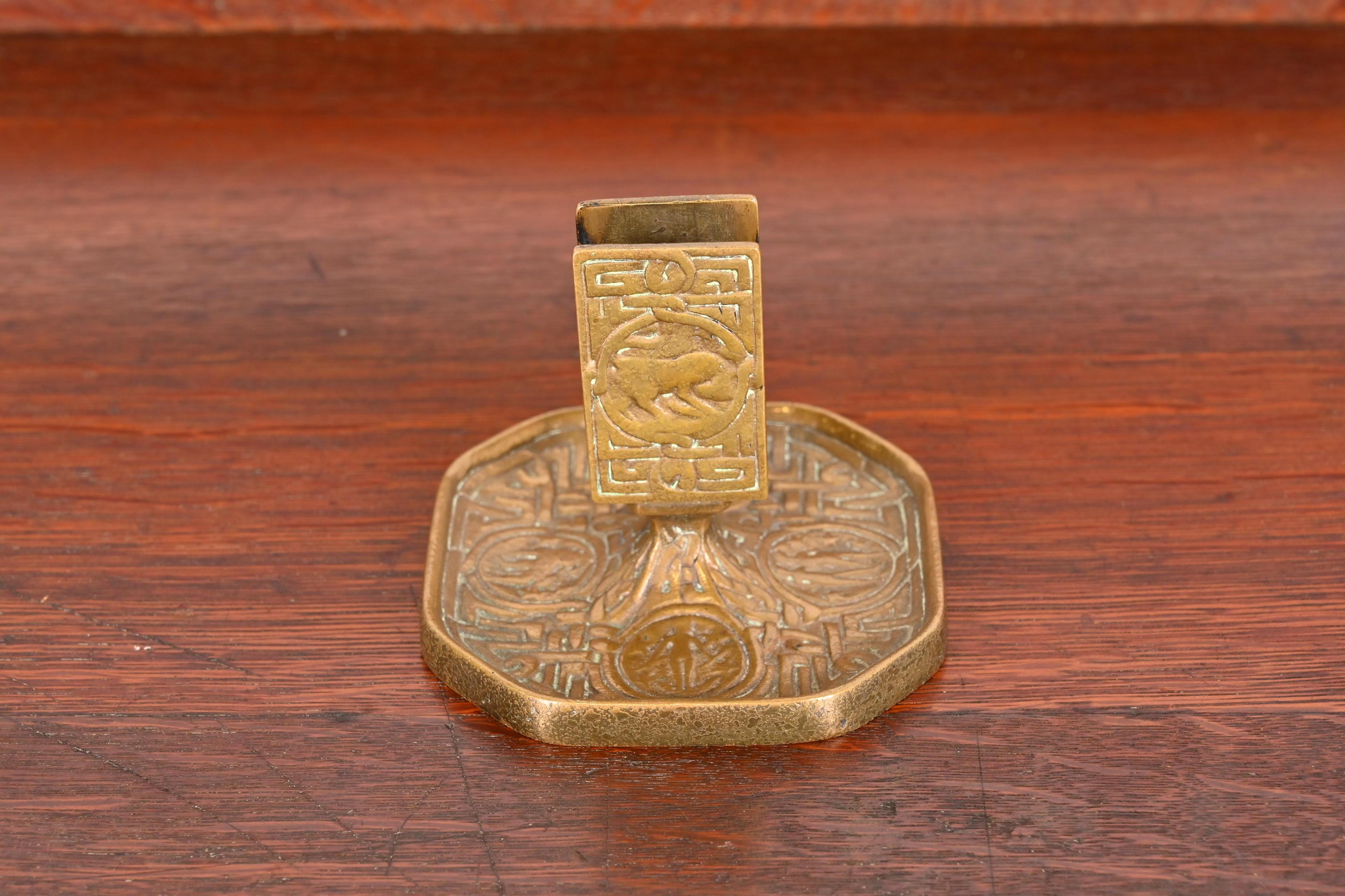 Arts and Crafts Tiffany Studios New York Zodiac Bronze Doré Match Box Holder For Sale