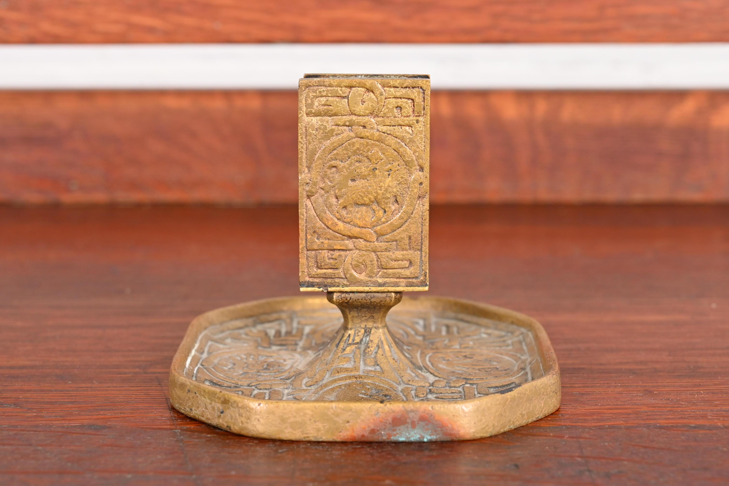 American Tiffany Studios New York Zodiac Bronze Doré Match Box Holder For Sale