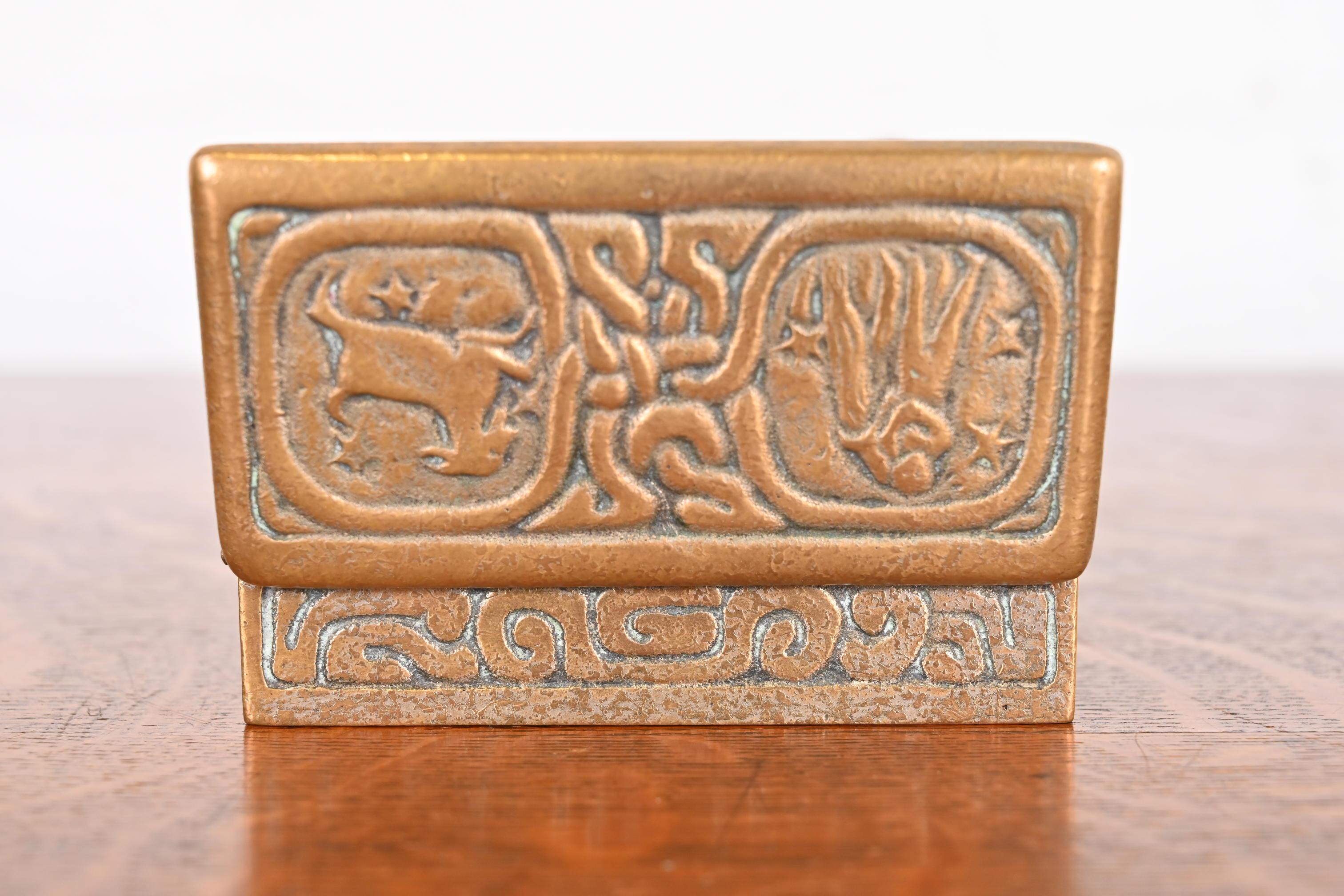 Tiffany Studios New York Zodiac Bronze Doré Stamp Box For Sale 6