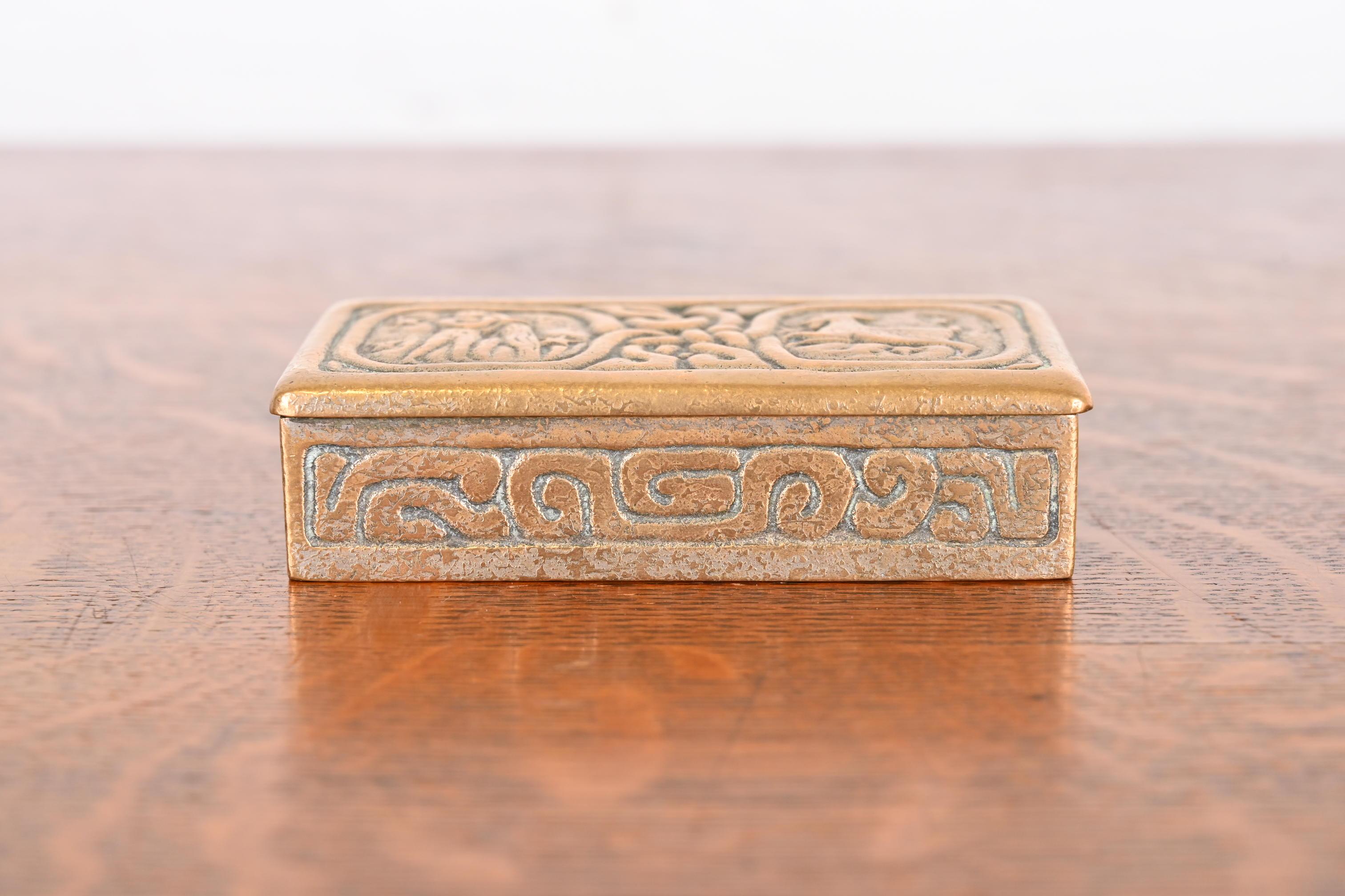 Arts and Crafts Tiffany Studios New York Zodiac Bronze Doré Stamp Box For Sale
