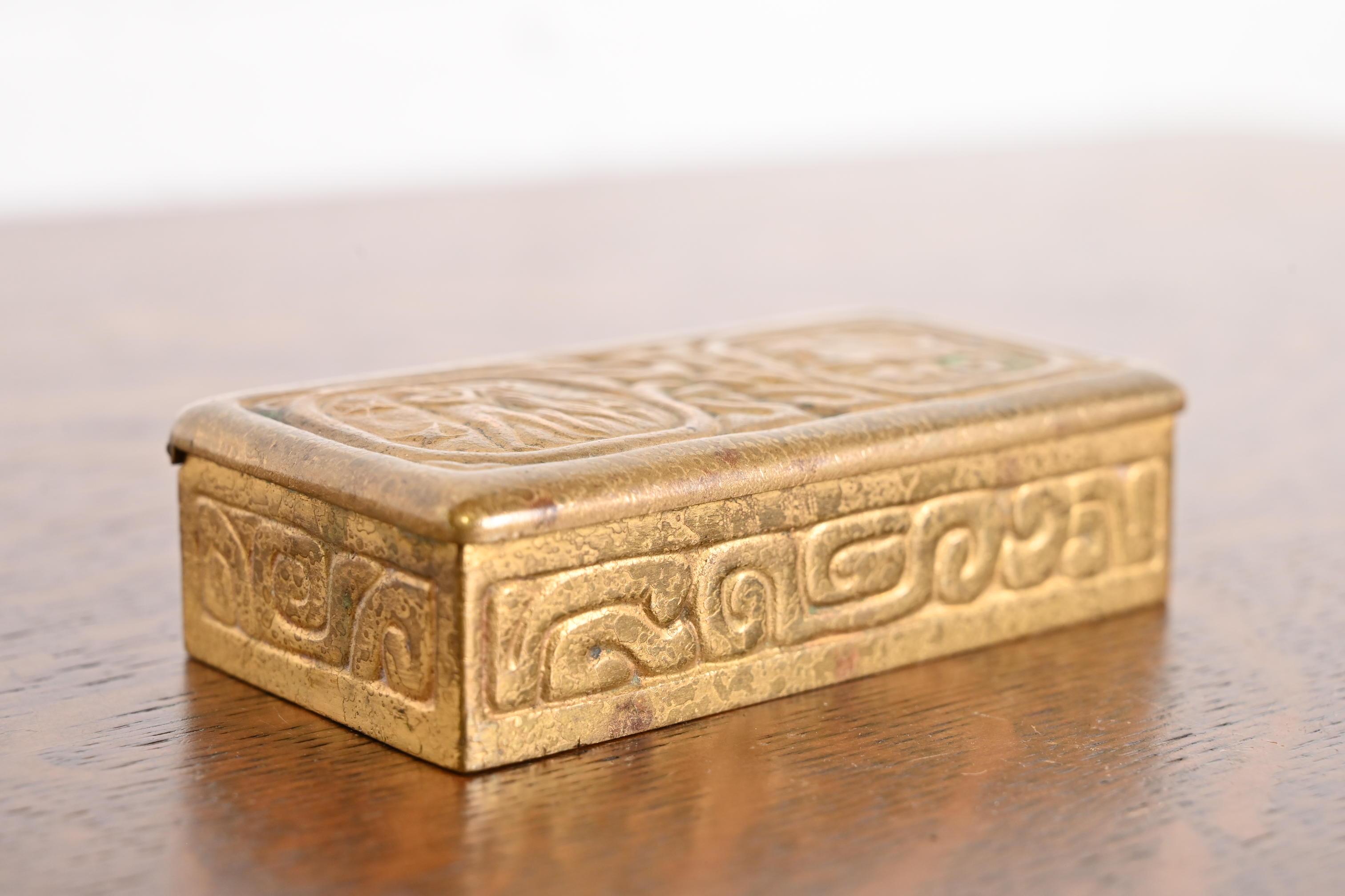 Arts and Crafts Tiffany Studios New York Zodiac Bronze Doré Stamp Box For Sale