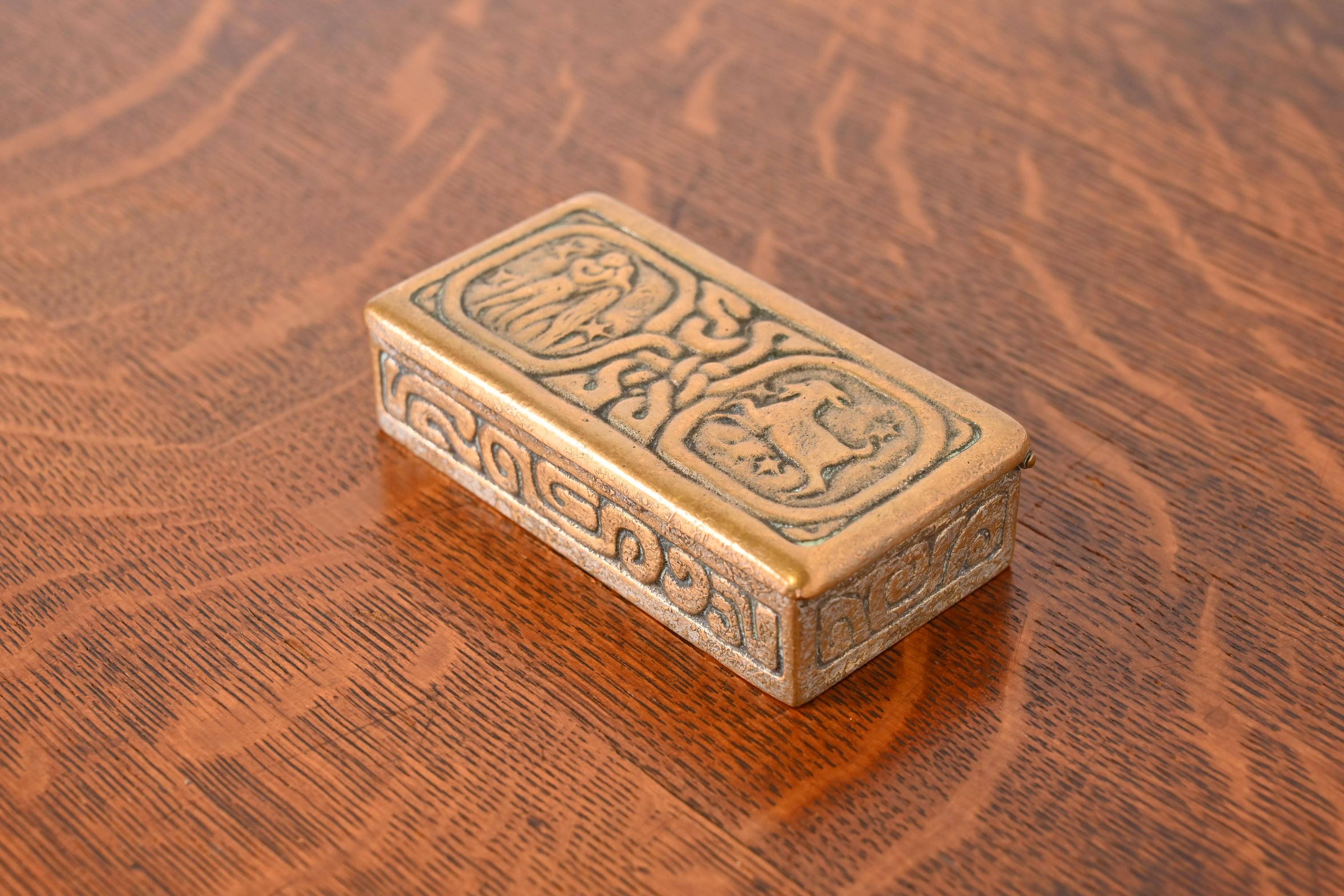 American Tiffany Studios New York Zodiac Bronze Doré Stamp Box For Sale