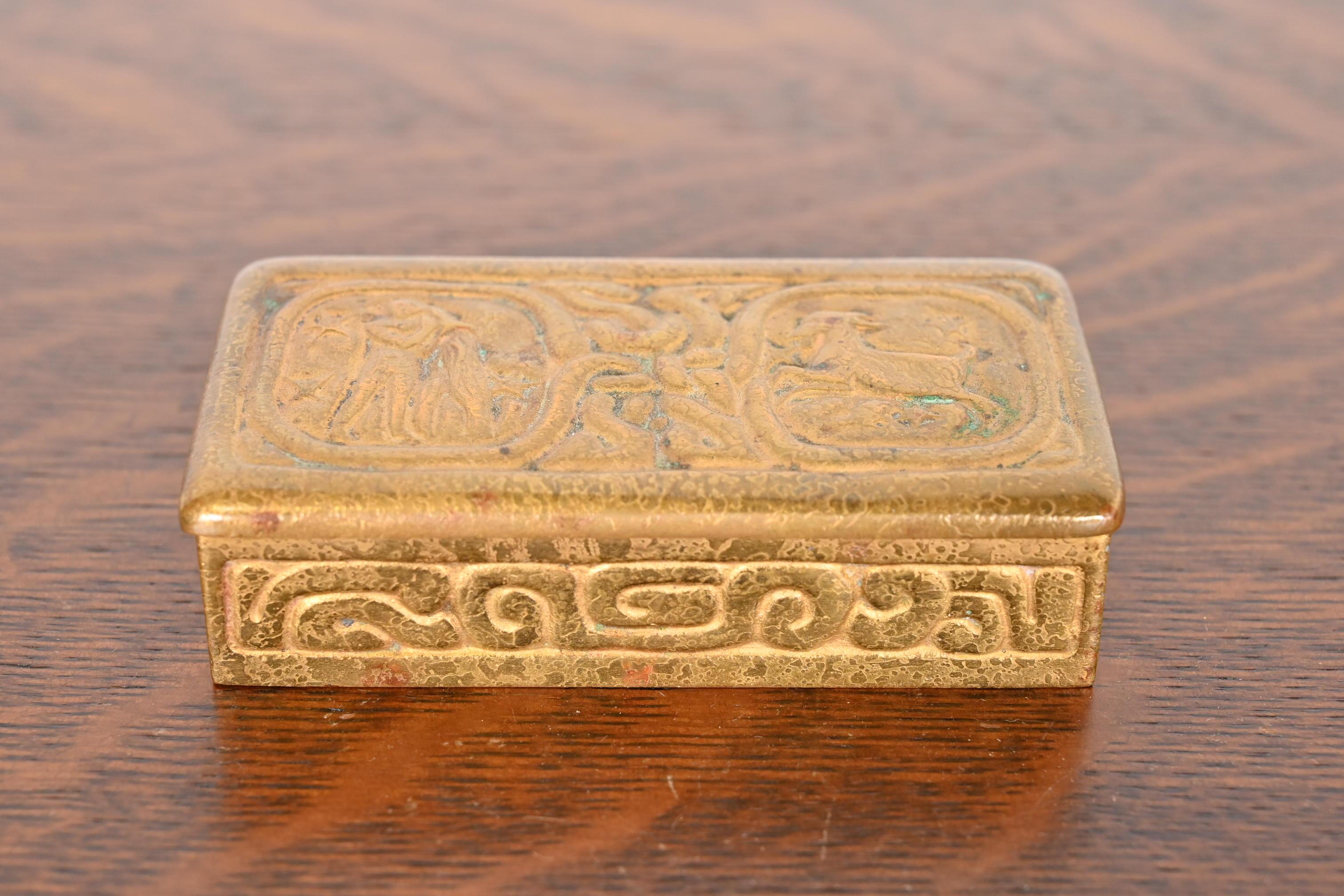 American Tiffany Studios New York Zodiac Bronze Doré Stamp Box For Sale