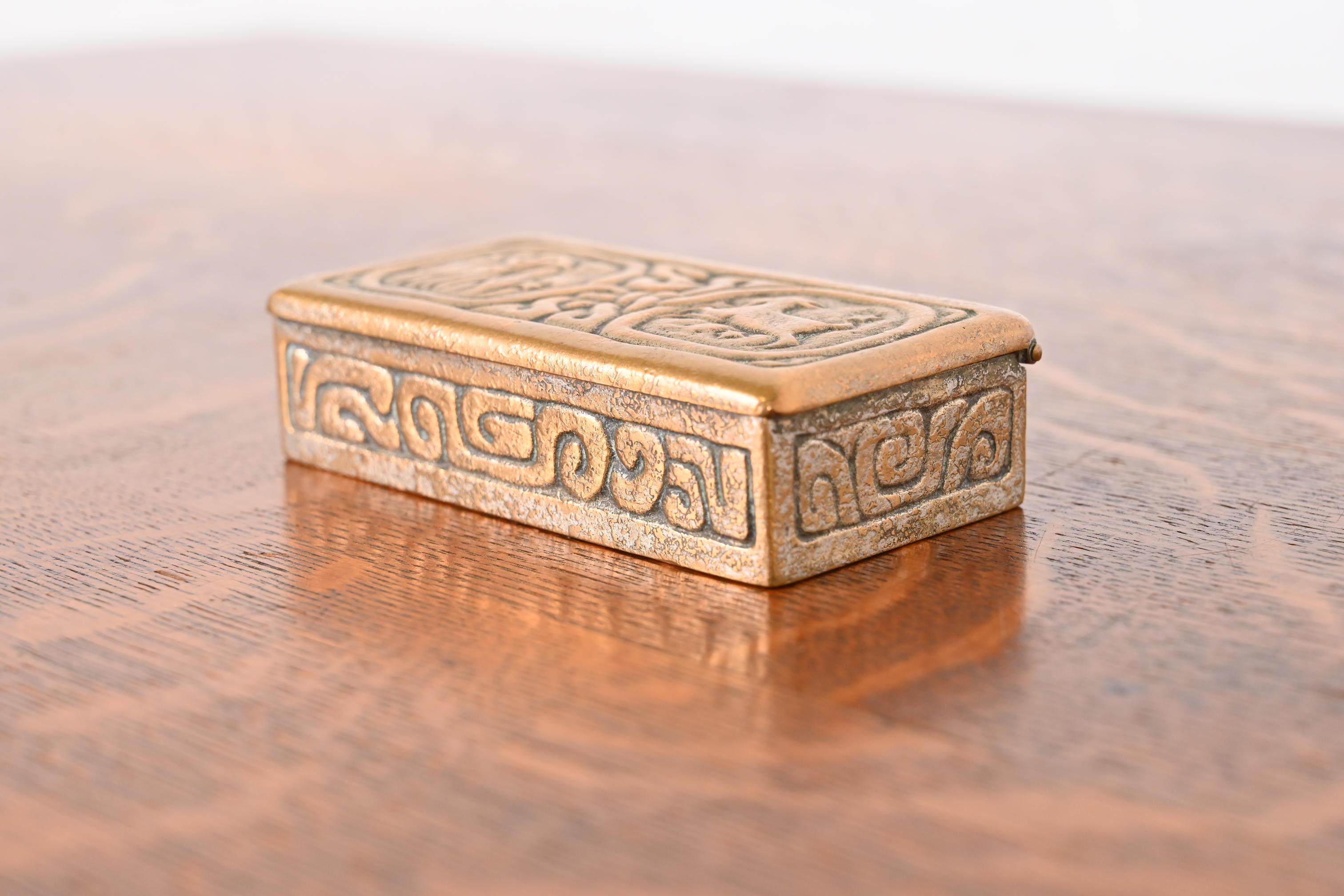 Tiffany Studios New York Zodiac Bronze Doré Stamp Box In Good Condition For Sale In South Bend, IN