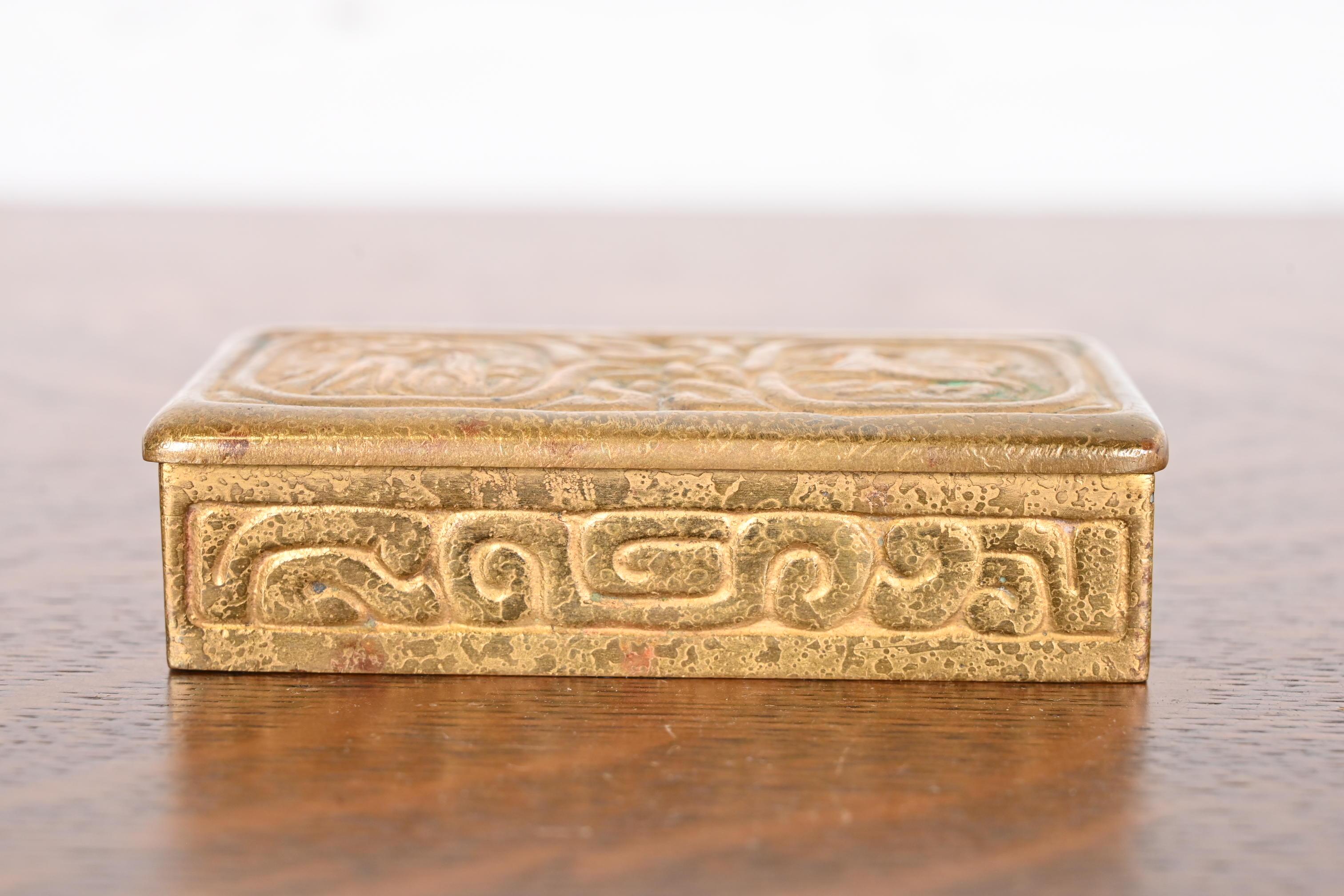 Tiffany Studios New York Zodiac Bronze Doré Stamp Box In Good Condition For Sale In South Bend, IN