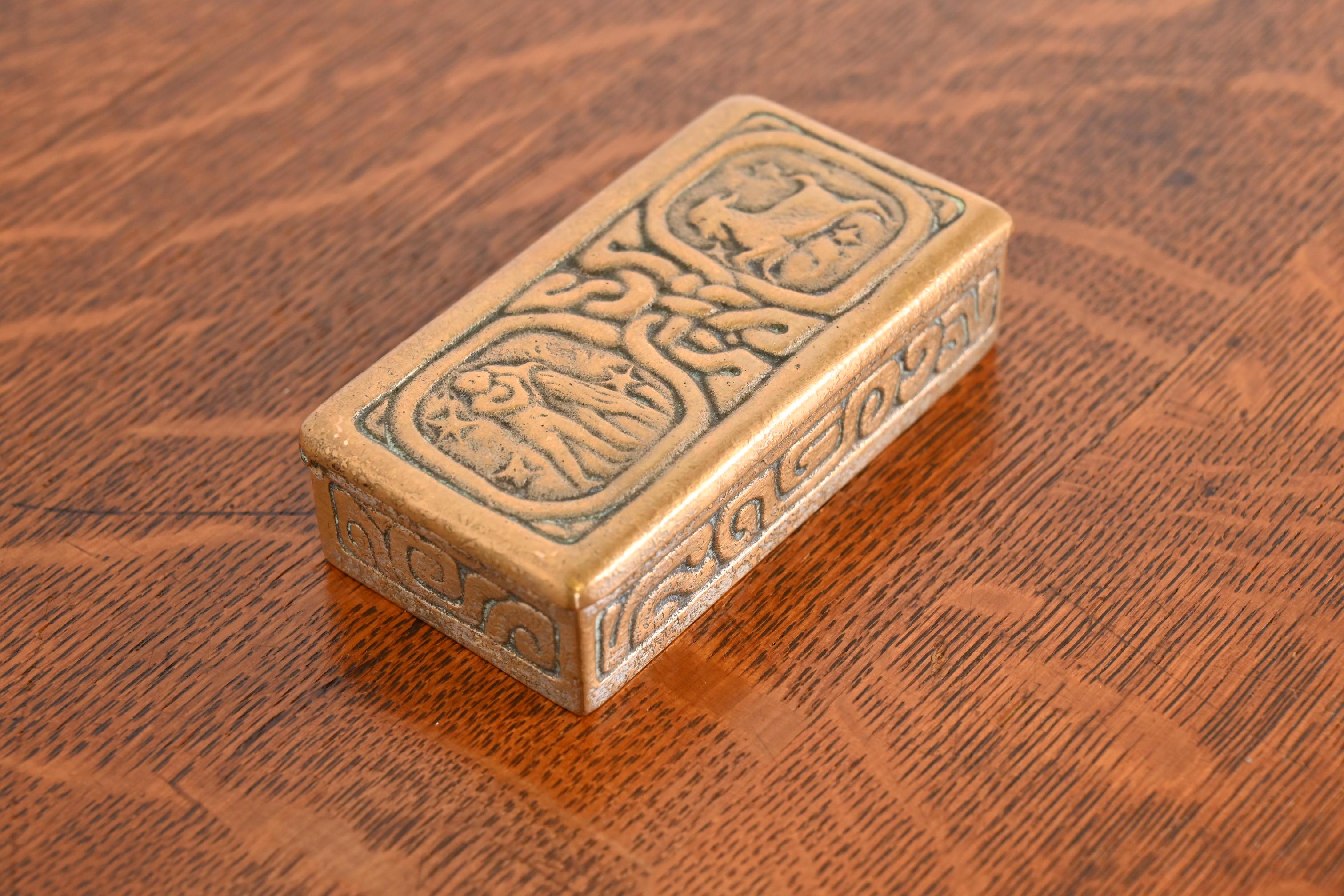 20th Century Tiffany Studios New York Zodiac Bronze Doré Stamp Box For Sale