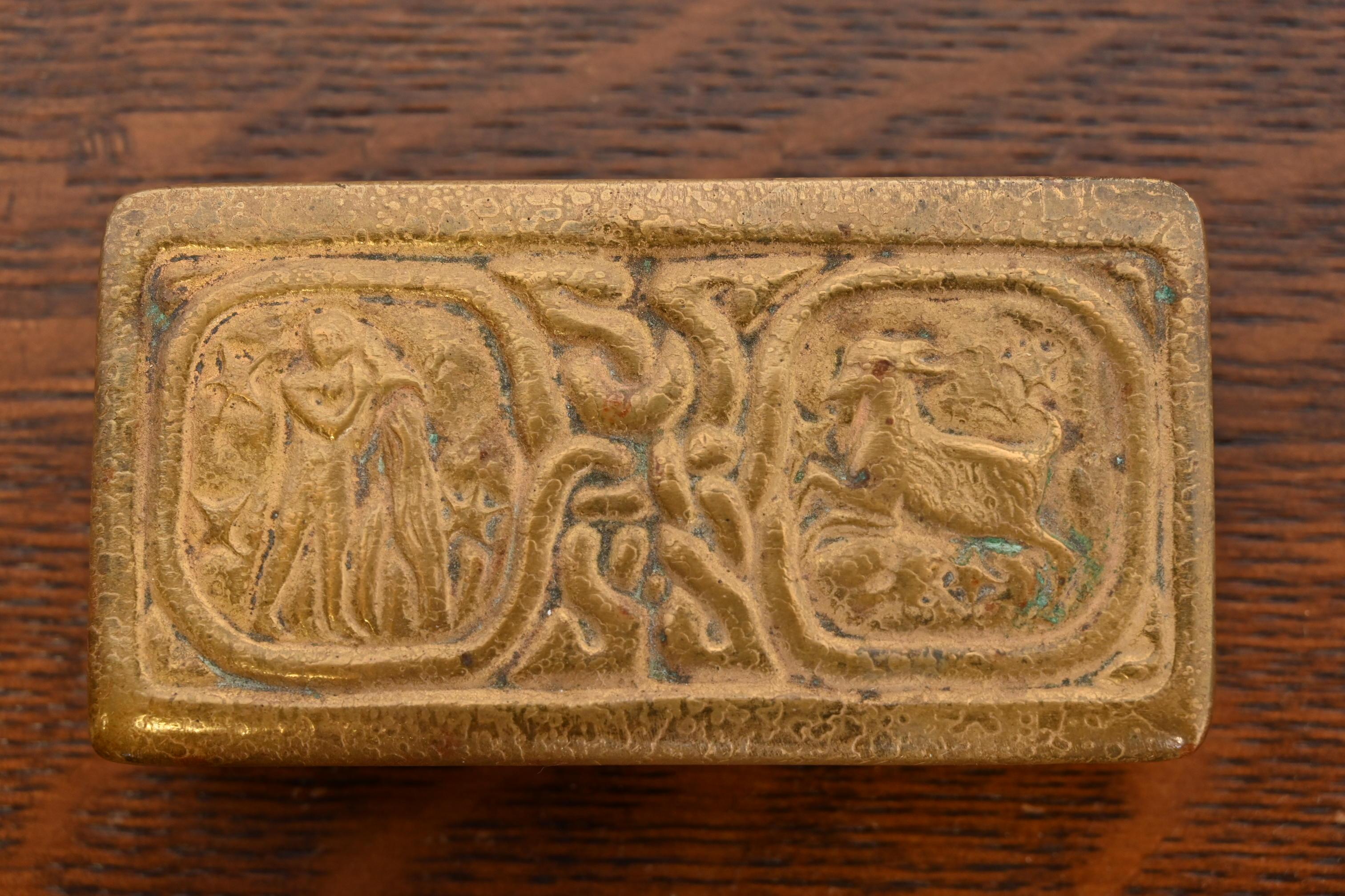 20th Century Tiffany Studios New York Zodiac Bronze Doré Stamp Box For Sale