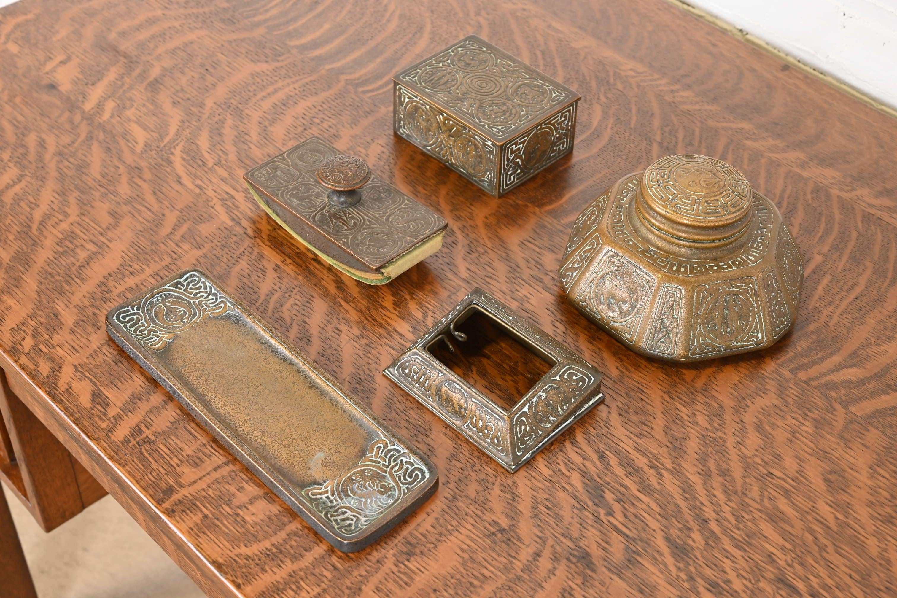 Art Nouveau Tiffany Studios New York 'Zodiac' Bronze Five-Piece Desk Accessory Set For Sale