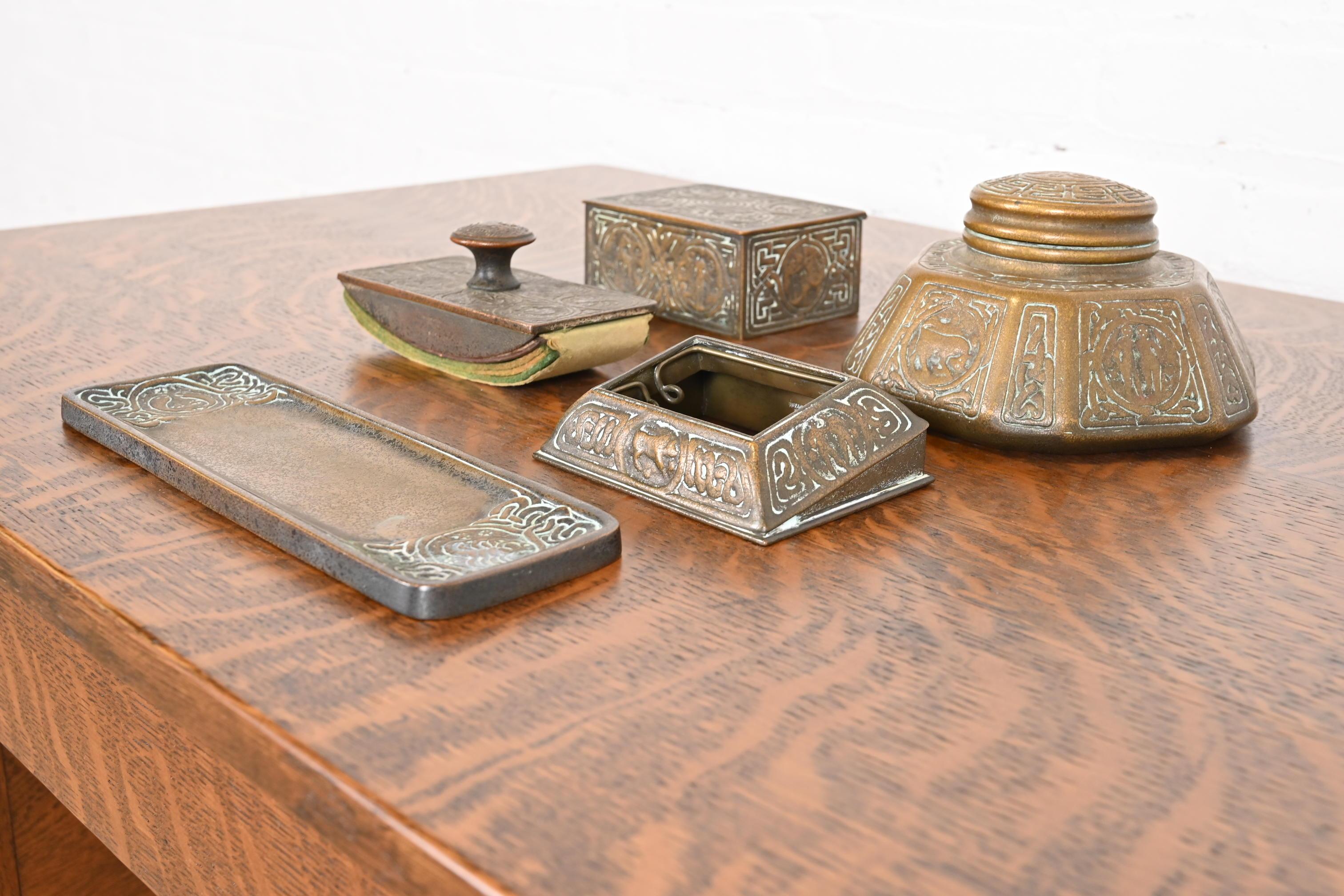 American Tiffany Studios New York 'Zodiac' Bronze Five-Piece Desk Accessory Set For Sale