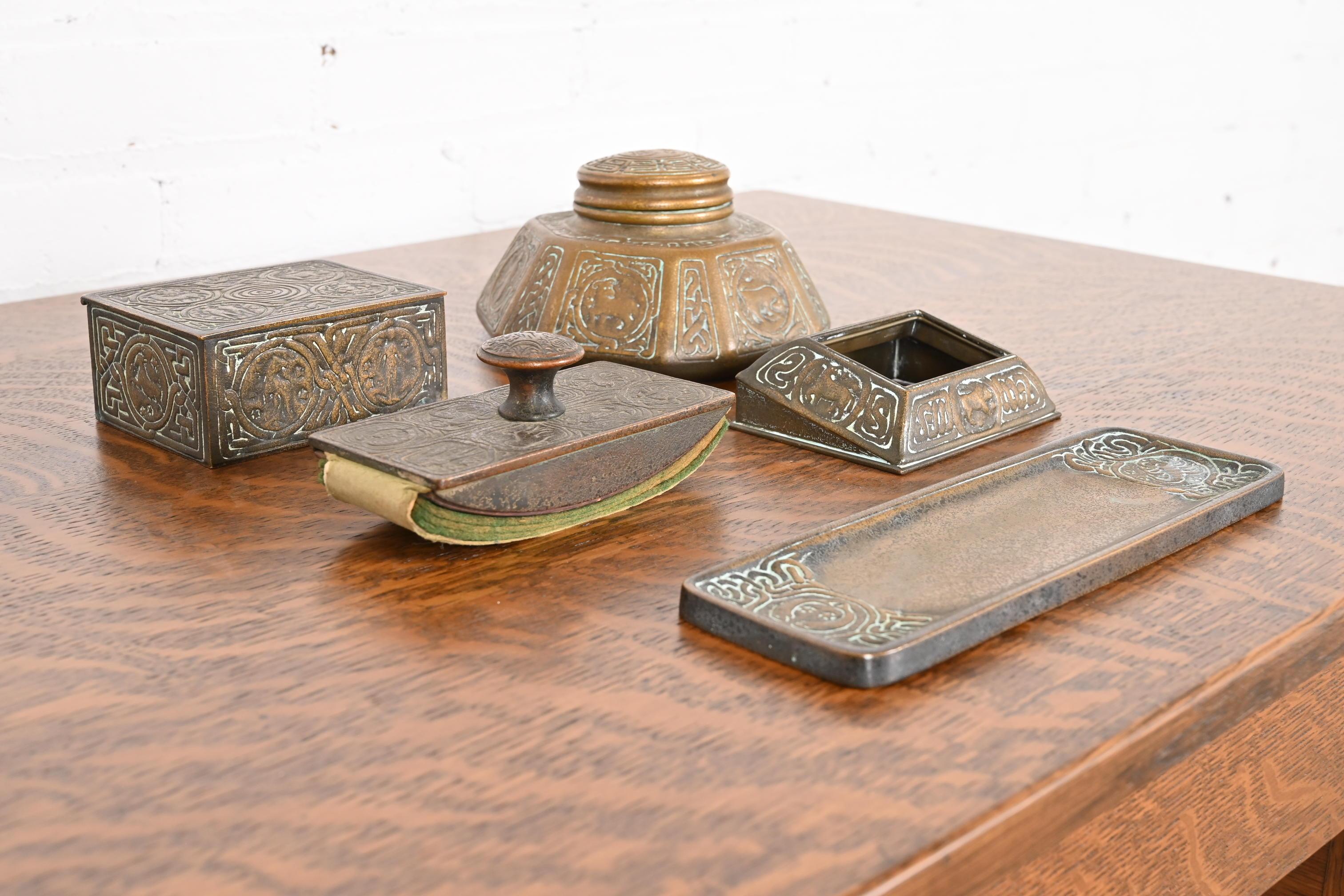 20th Century Tiffany Studios New York 'Zodiac' Bronze Five-Piece Desk Accessory Set For Sale