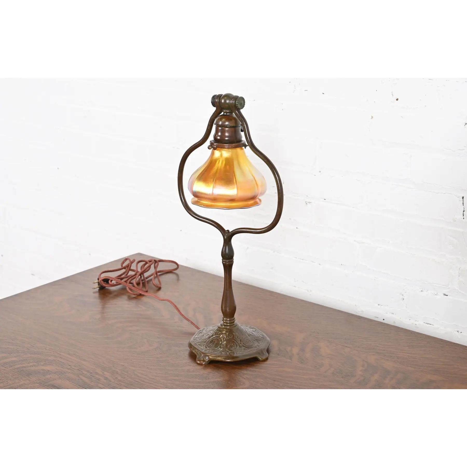 Art Deco Tiffany Studios New York Zodiac Bronze Harp Desk Lamp For Sale