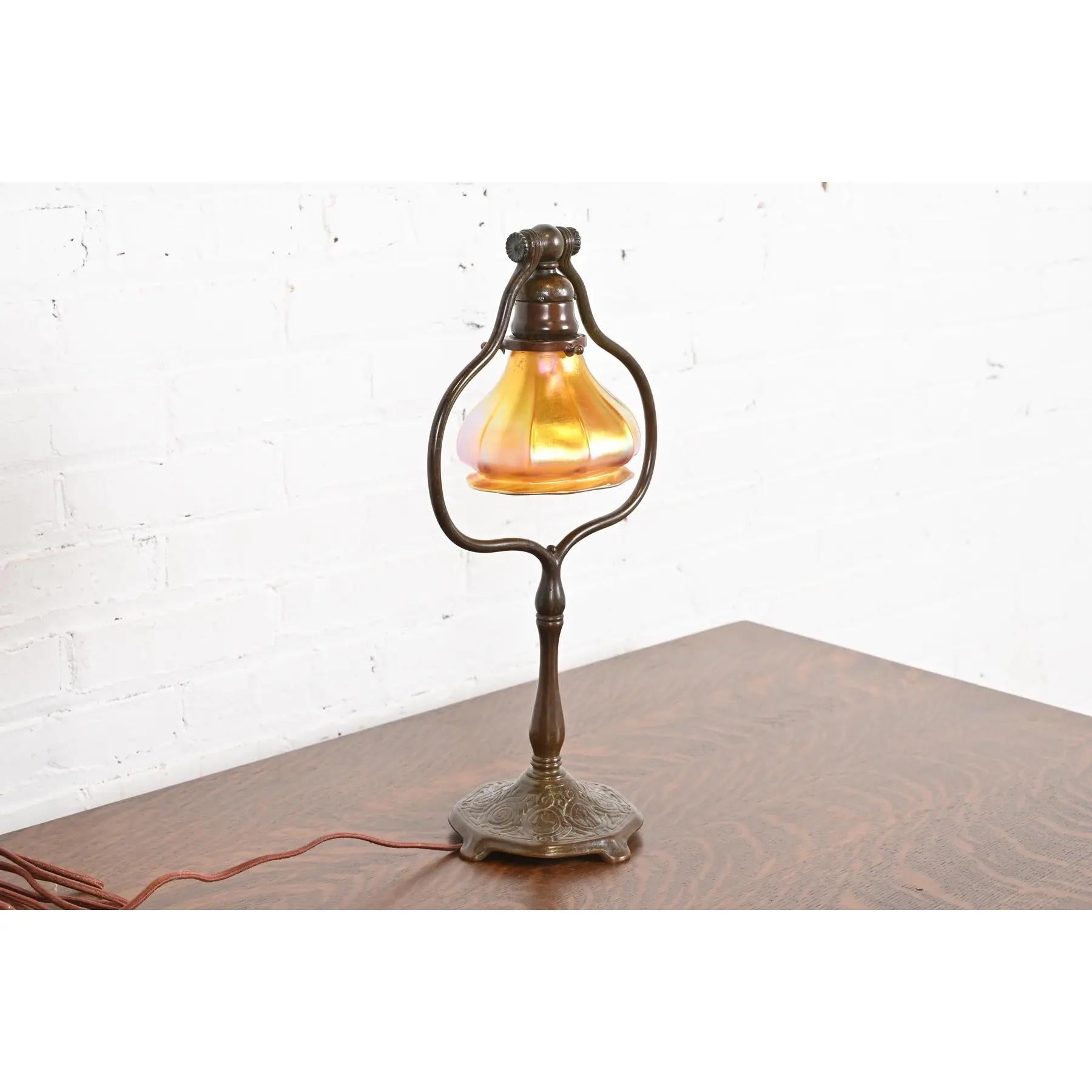 American Tiffany Studios New York Zodiac Bronze Harp Desk Lamp For Sale
