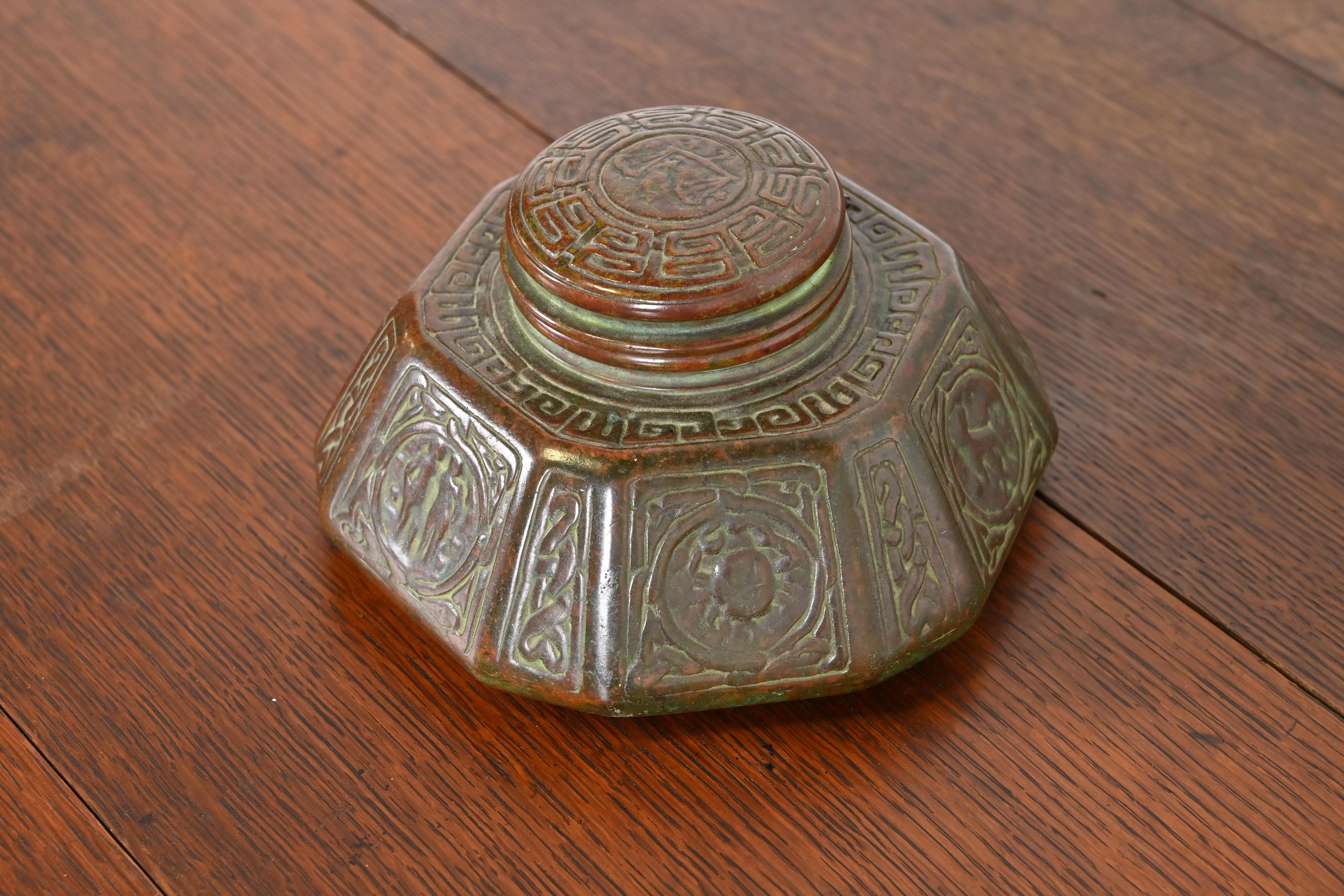 Tiffany Studios New York Zodiac Bronze Large Inkwell In Good Condition In South Bend, IN