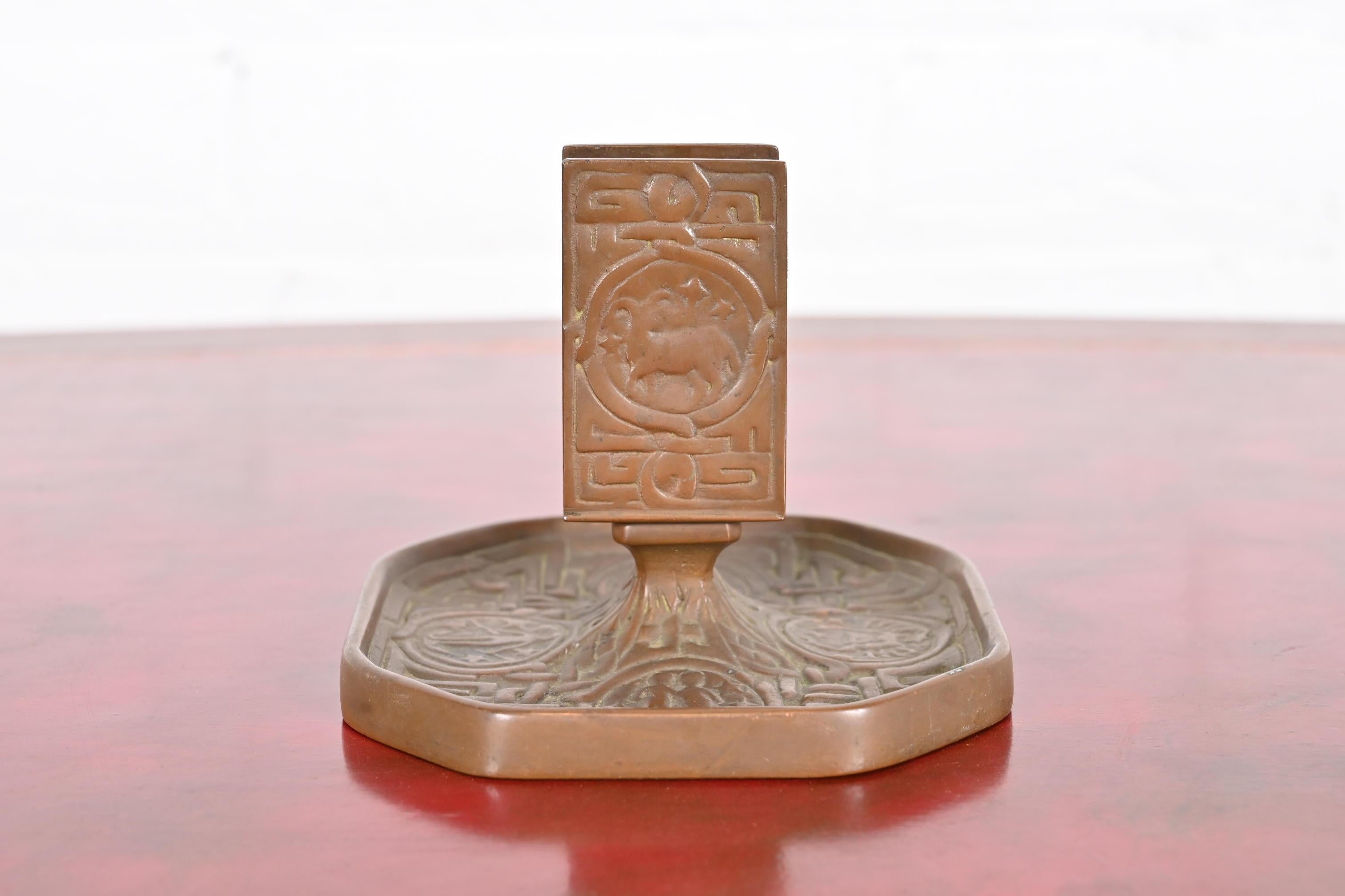 Arts and Crafts Tiffany Studios New York Zodiac Bronze Match Box Holder For Sale