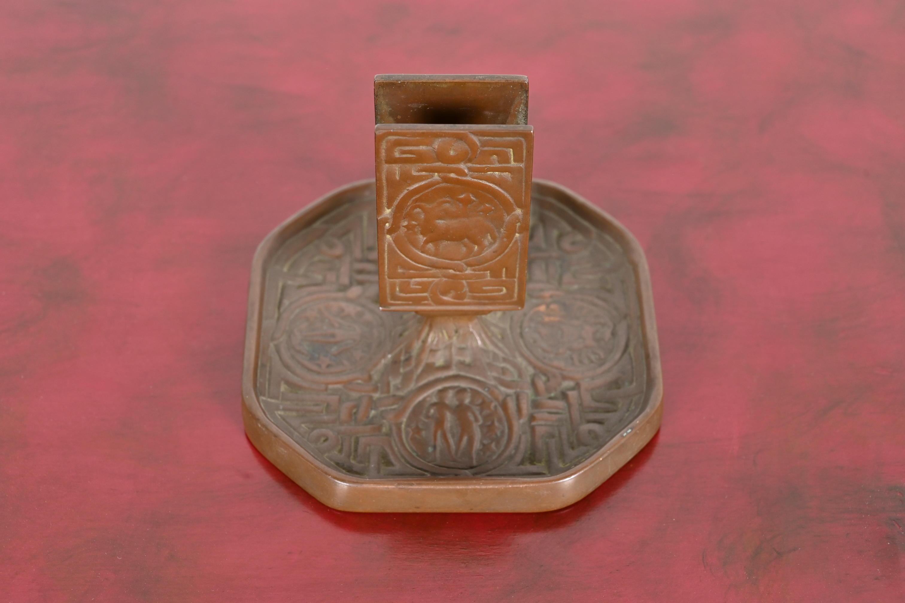 American Tiffany Studios New York Zodiac Bronze Match Box Holder For Sale