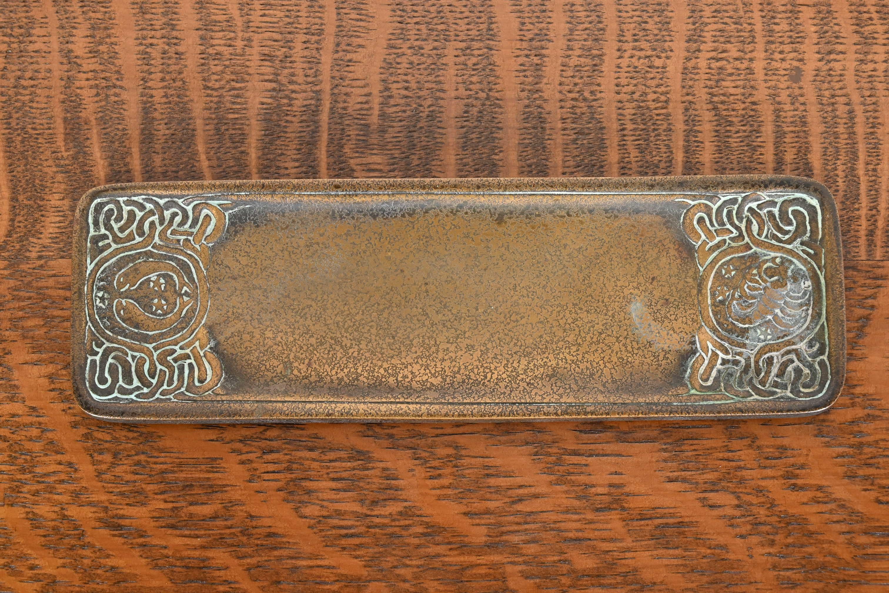 Art Nouveau Tiffany Studios New York 'Zodiac' Bronze Pen Tray Desk Accessory, circa 1910 For Sale