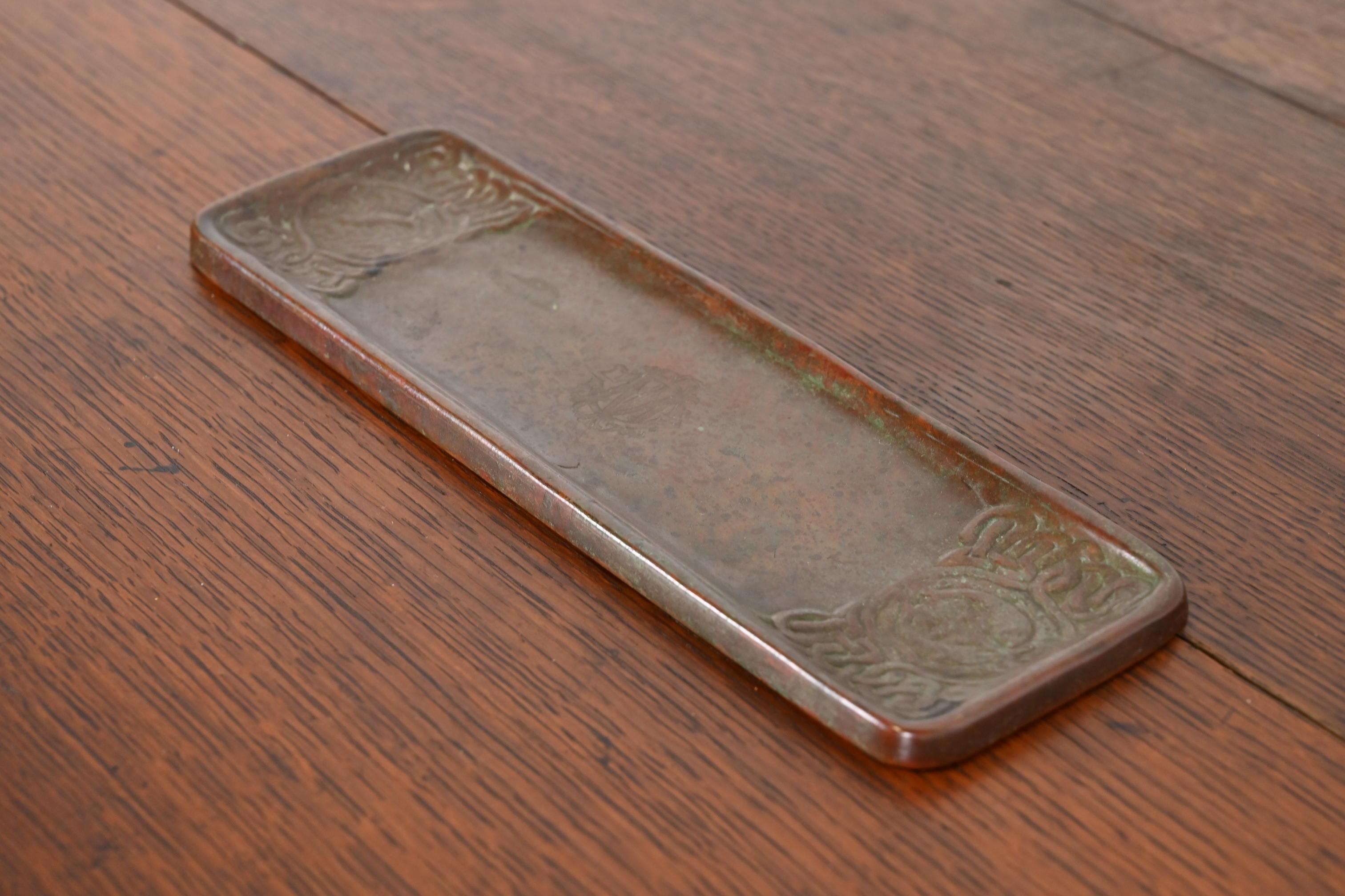 Tiffany Studios New York Zodiac Bronze Pen Tray In Good Condition For Sale In South Bend, IN