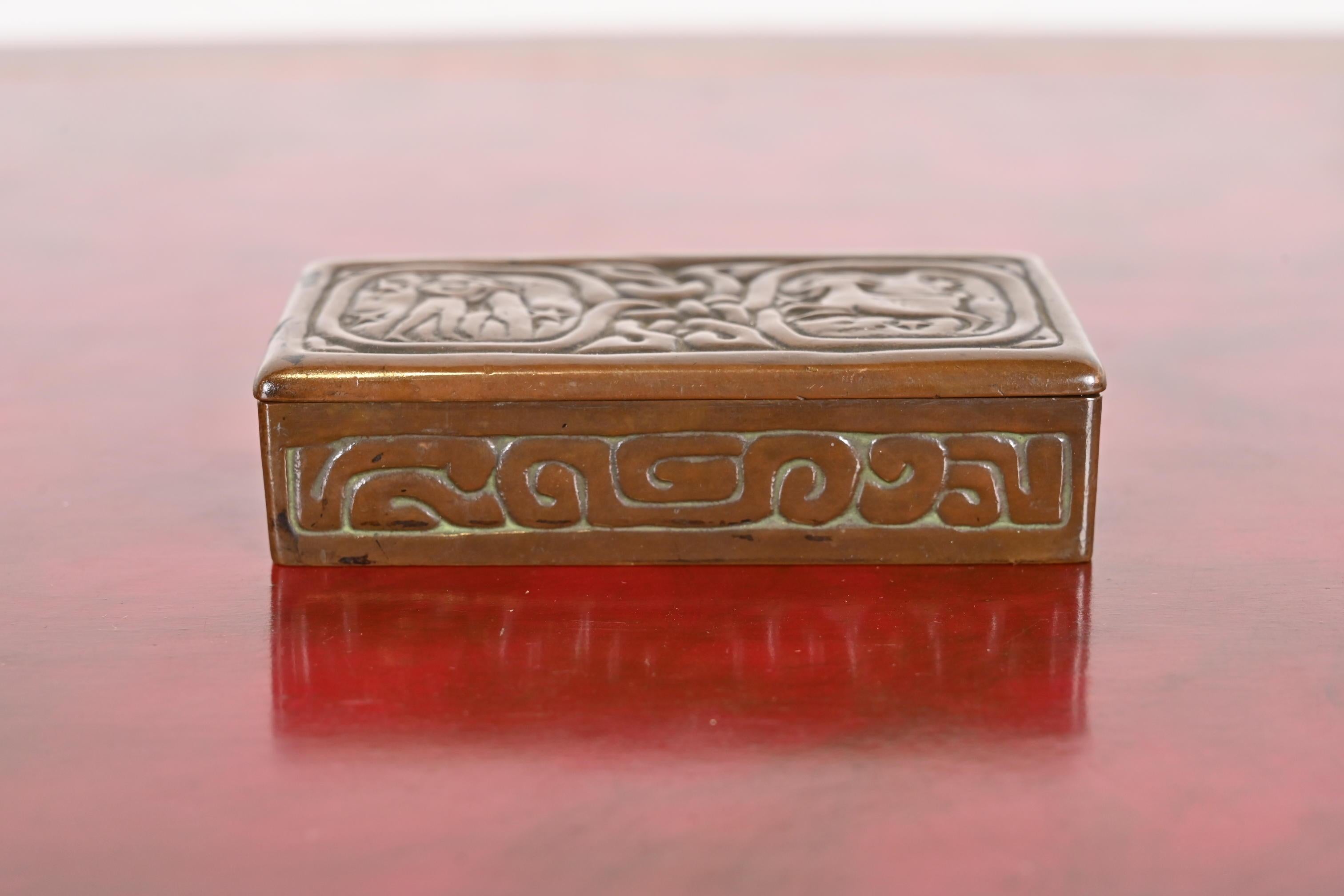 Arts and Crafts Tiffany Studios New York Zodiac Bronze Stamp Box For Sale