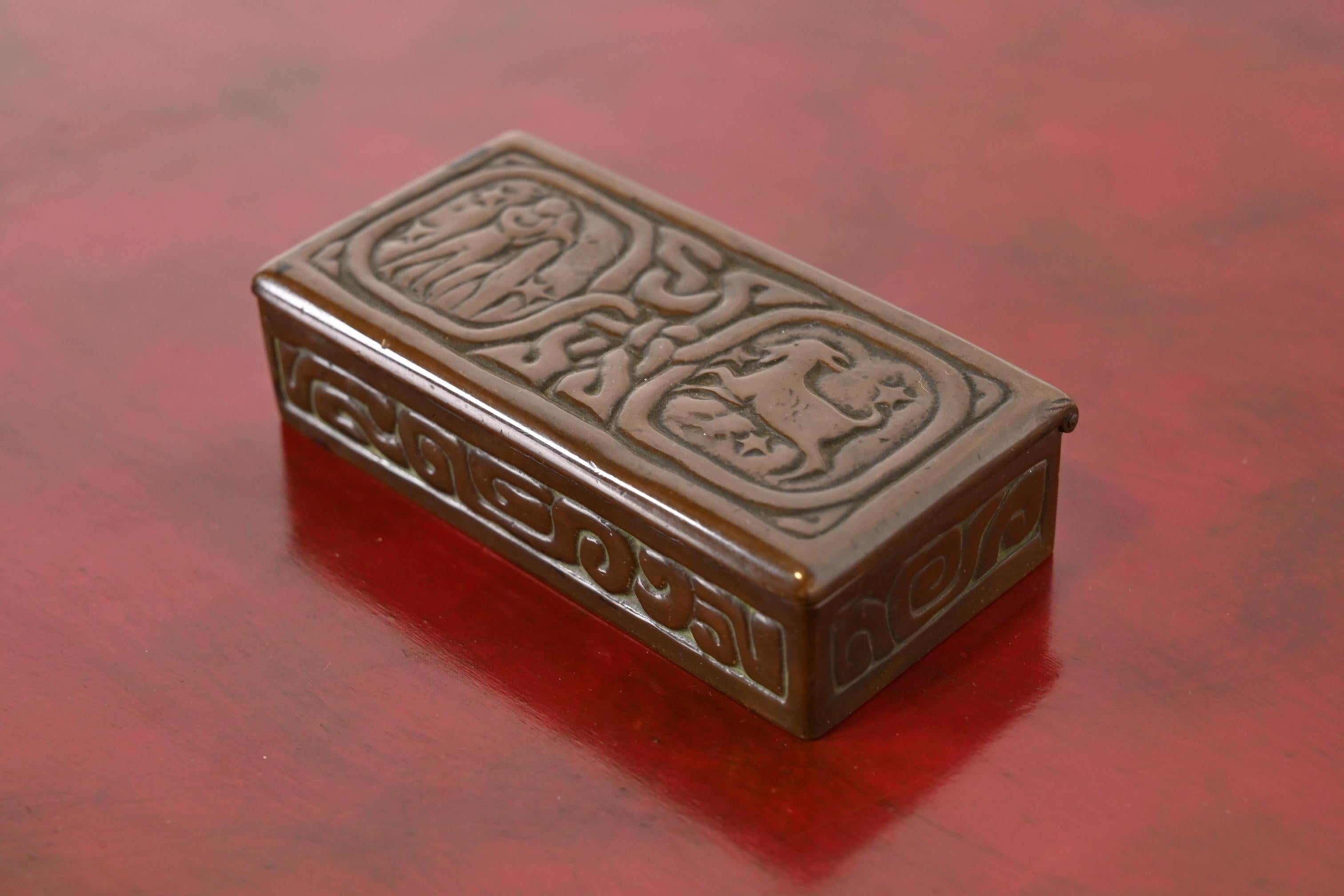 American Tiffany Studios New York Zodiac Bronze Stamp Box For Sale