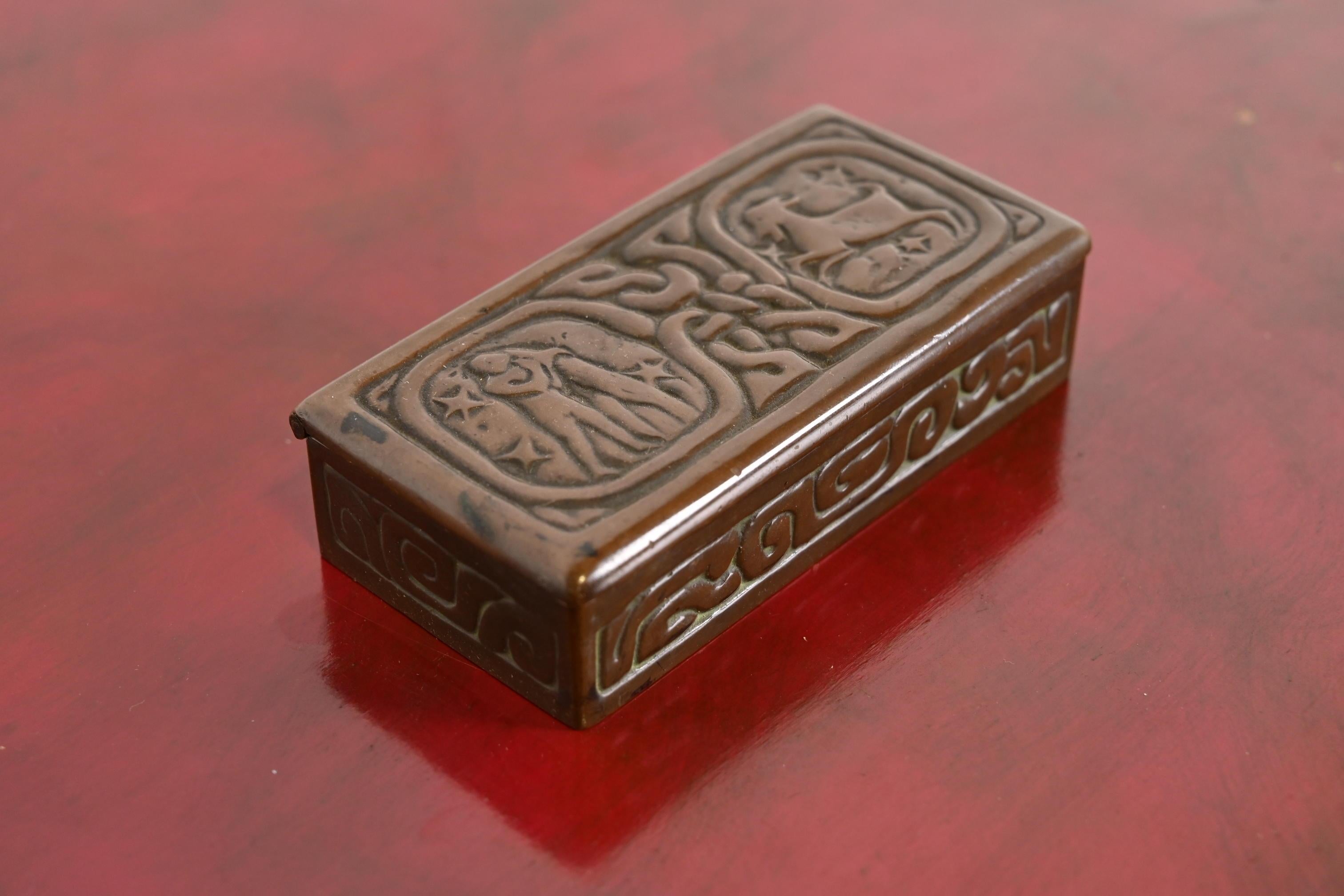20th Century Tiffany Studios New York Zodiac Bronze Stamp Box For Sale