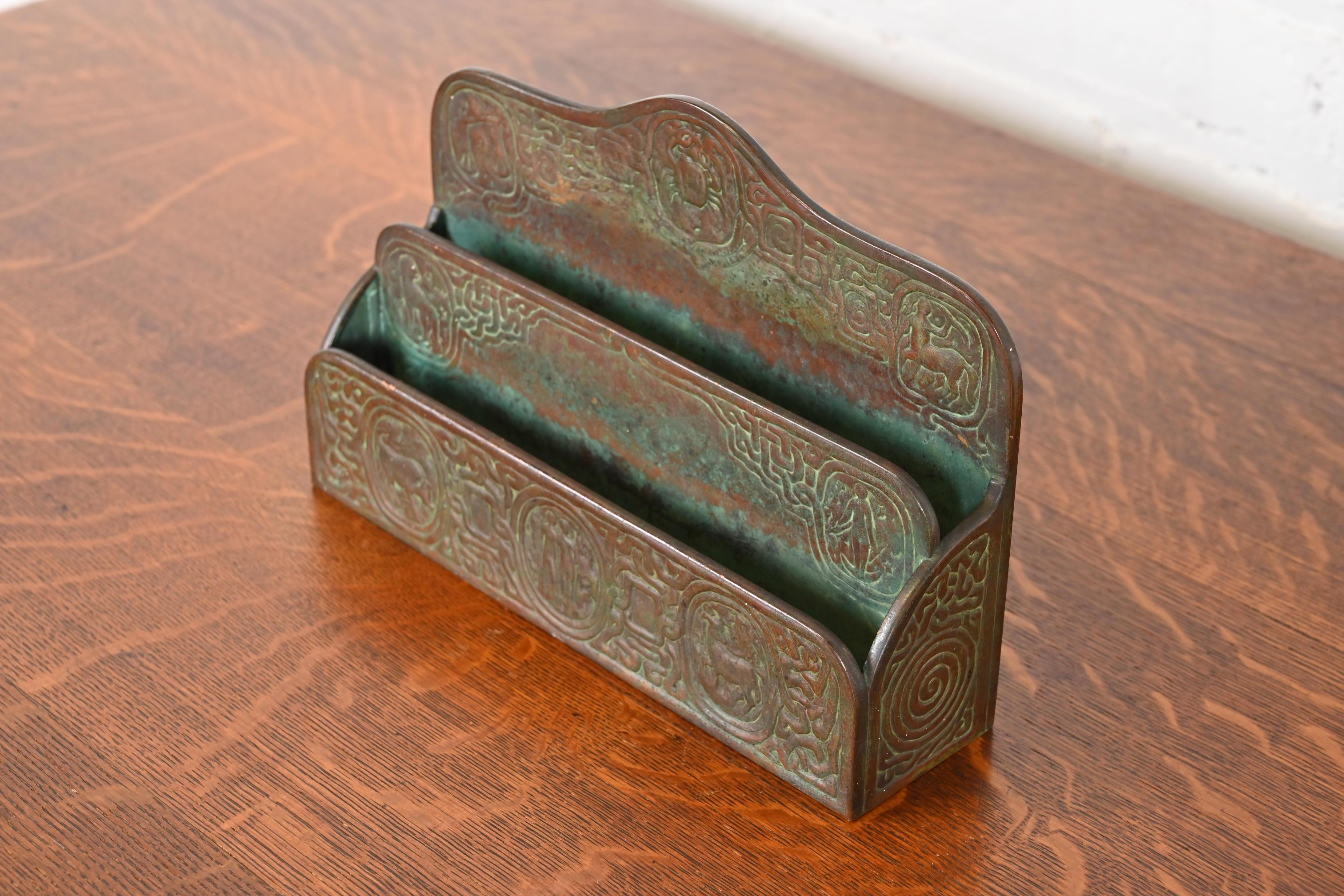 Tiffany Studios New York Zodiac Patinated Bronze Letter Rack, Circa 1910 In Good Condition For Sale In South Bend, IN