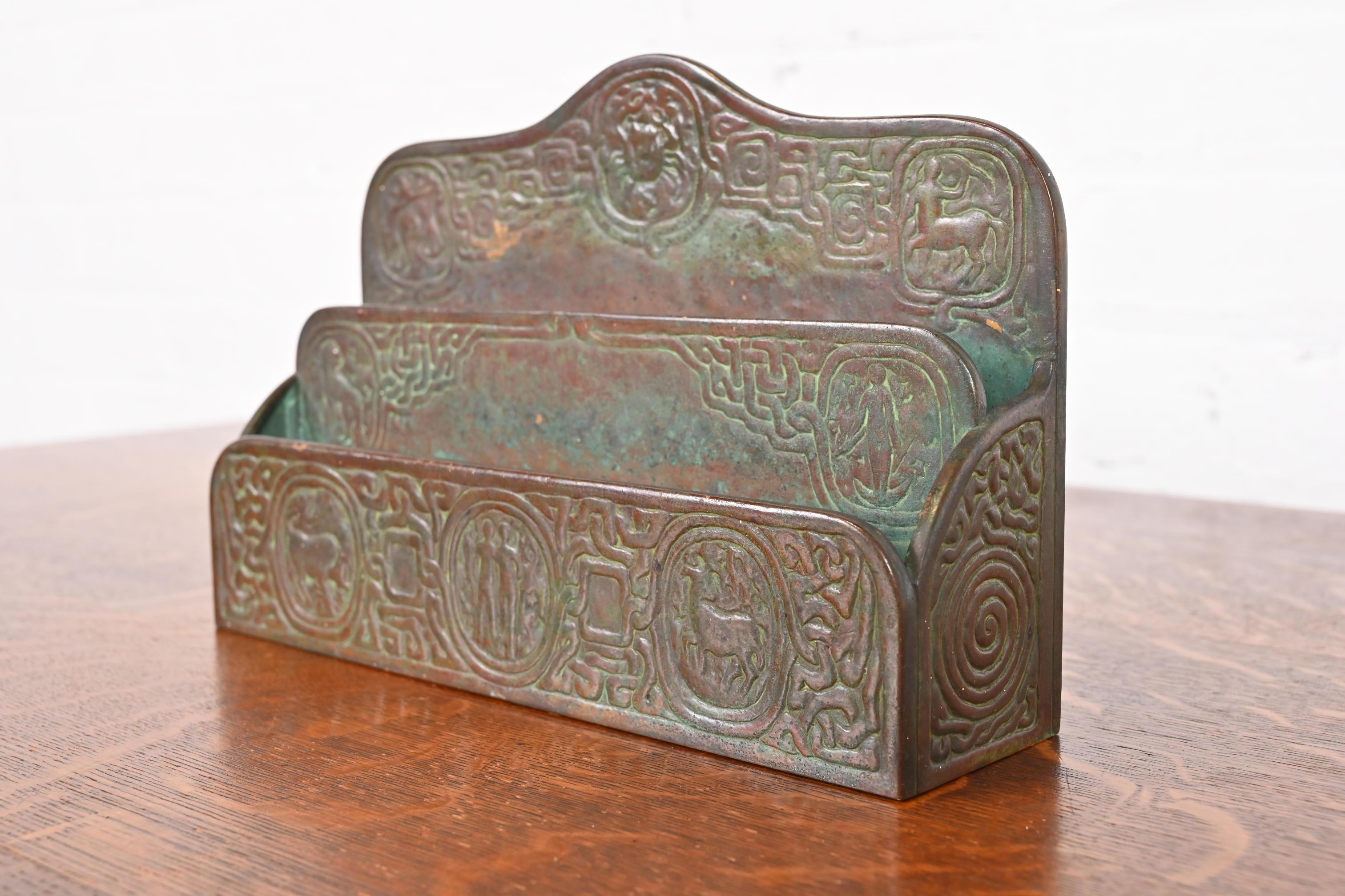 20th Century Tiffany Studios New York Zodiac Patinated Bronze Letter Rack, Circa 1910 For Sale